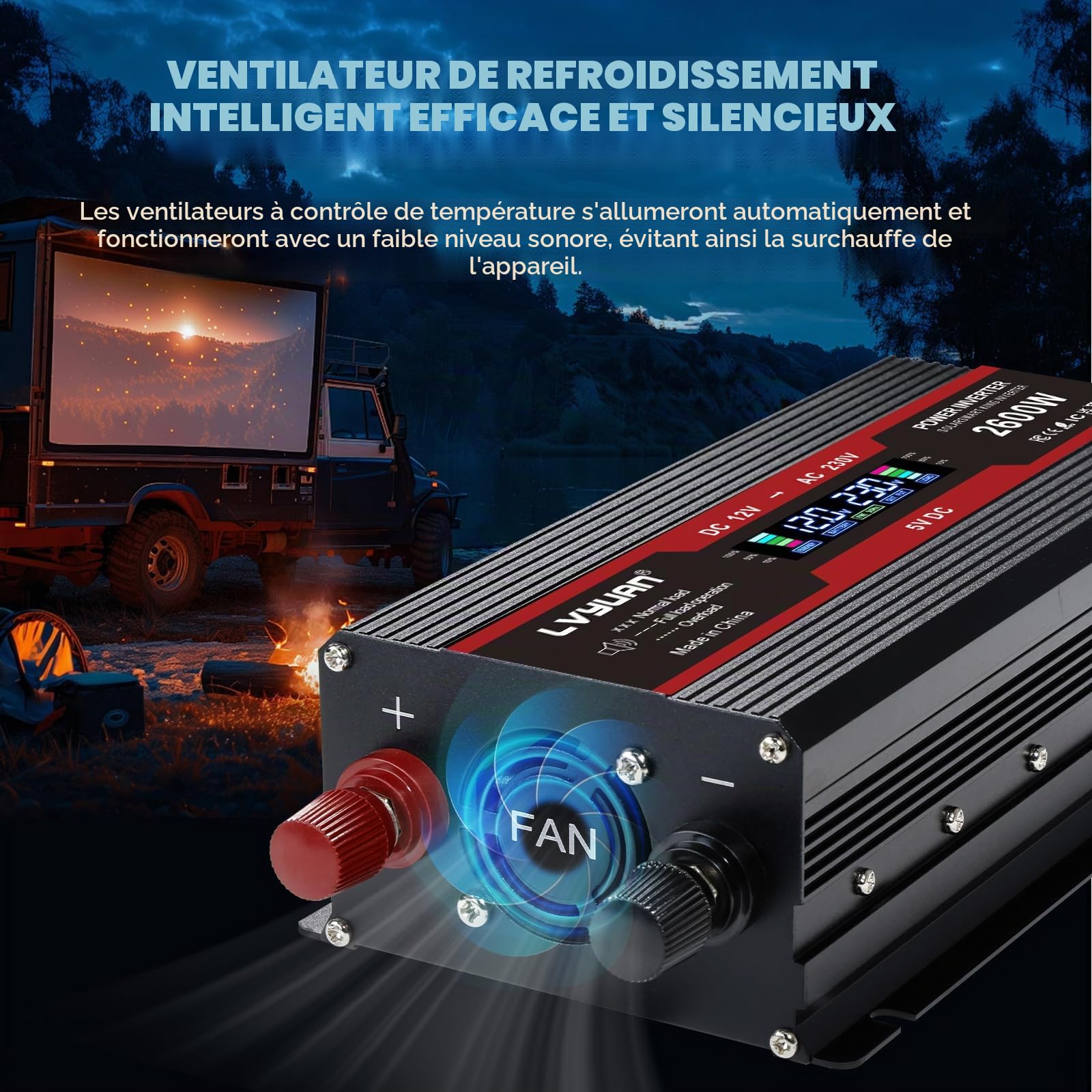 LVYUAN Convertisseur 12V 220V 1300W/ 2600W DC à AC Transformateur Onduleur Inverter avec 2 Ports USB