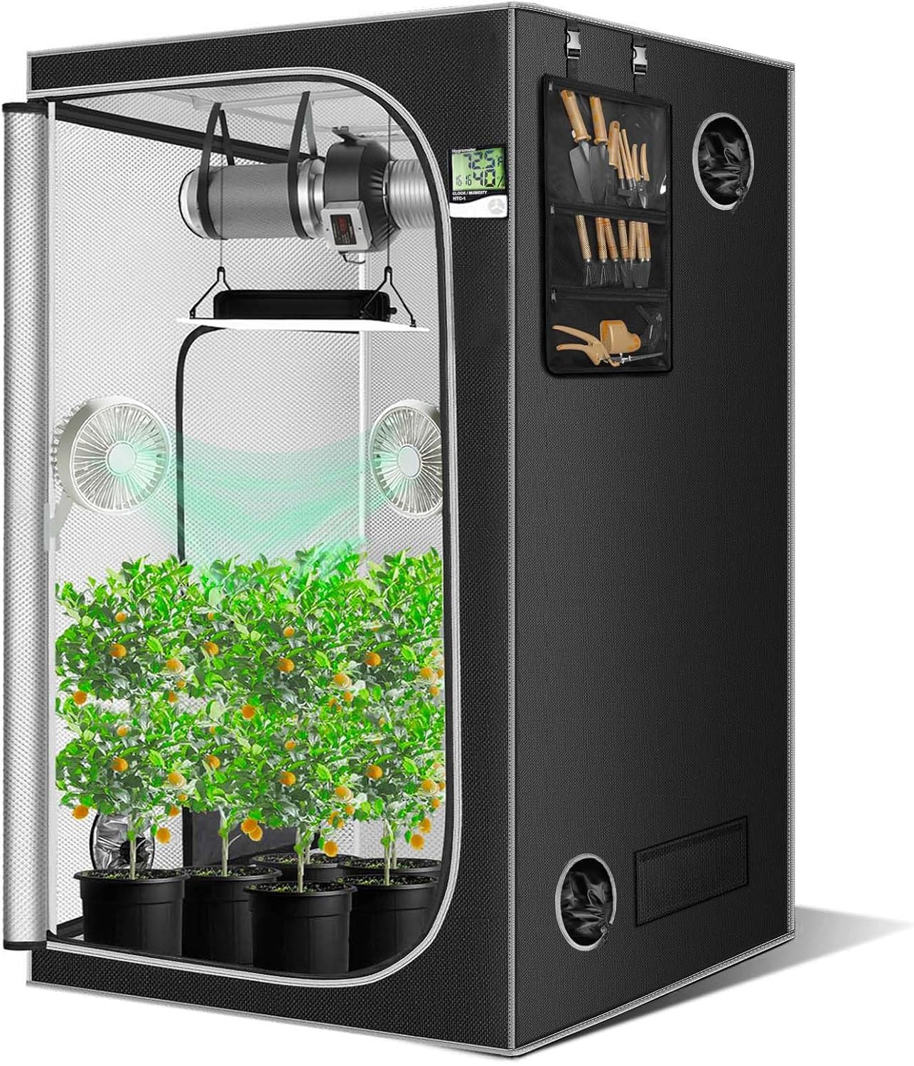 SNIGJAT 4x4 Grow Tent, 48"x48"x80" Indoor Grow Tent with Observation Window/Digital Thermohygrometer/Tool Organizer, Roll-up Door & Removable Tray, 600D High Reflective Polyester Large Plant Tent