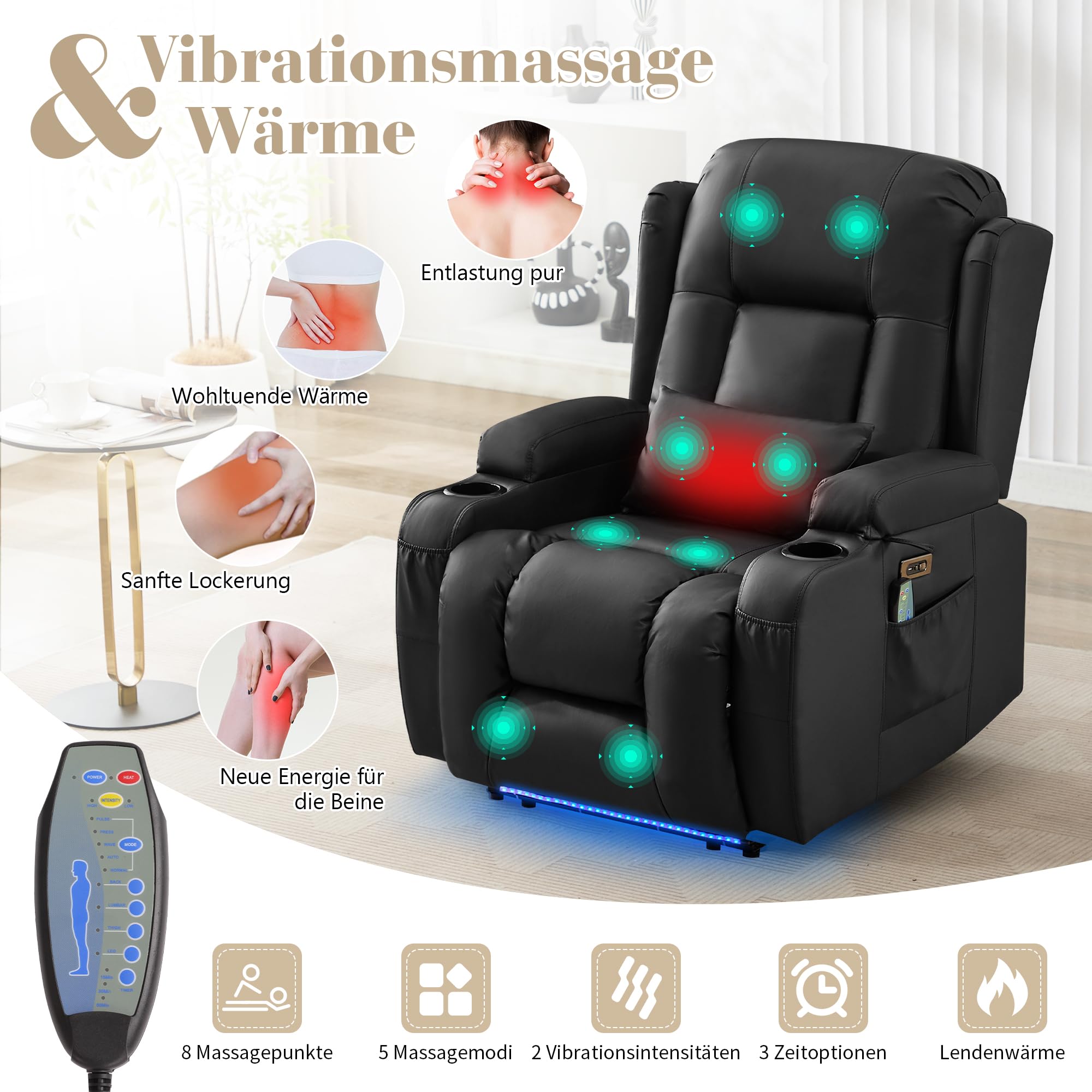 SAMERY Fernsehsessel Elektrisch Verstellbar Relaxsessel mit Liegefunktion,Massagesessel Vibration Heizung,Kunstleder TV Sessel Wohnzimmer Liegesessel Kinosessel 614 mit USB/LED,bis 150 kg (1, Schwarz)