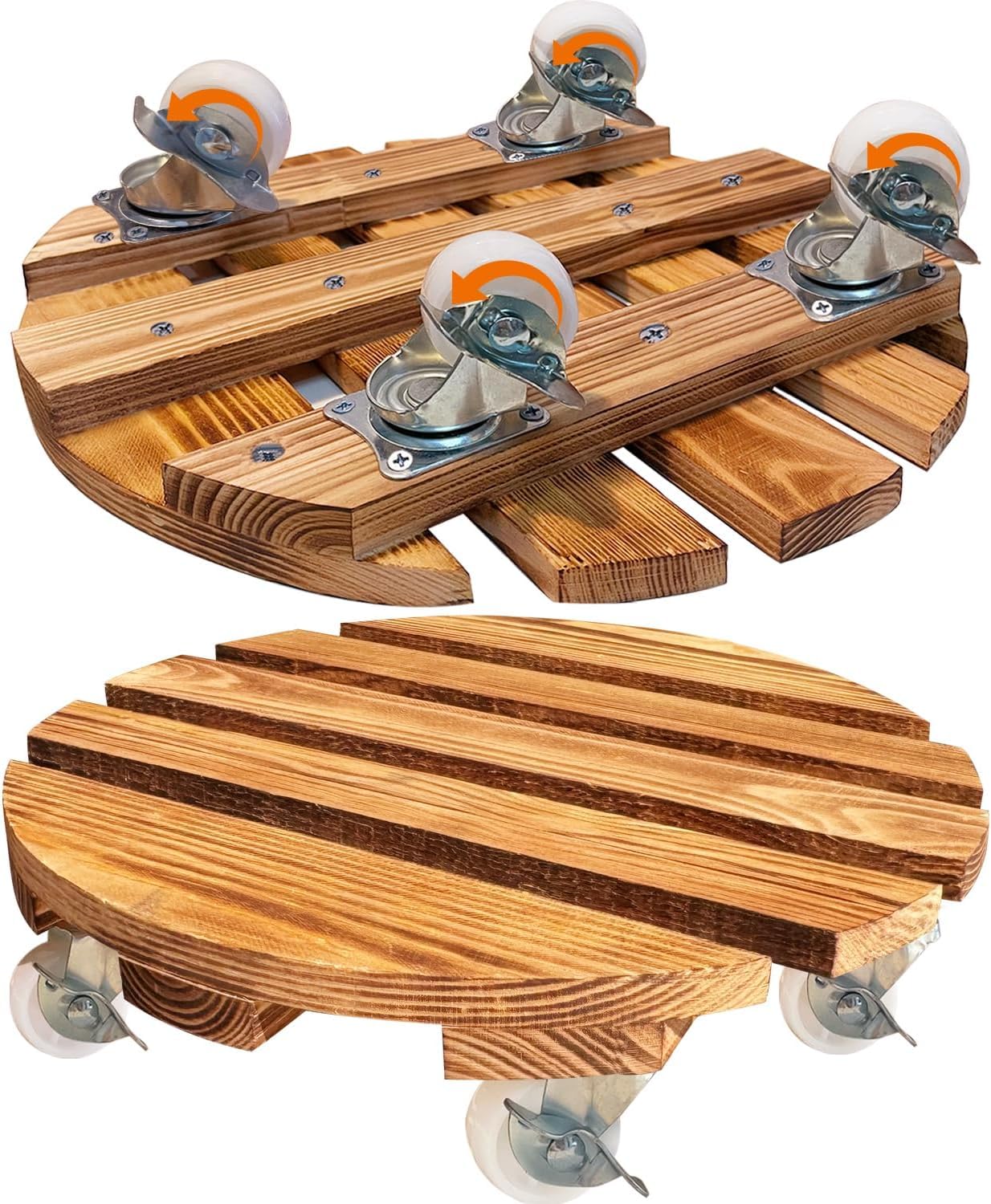 Lot de 2 chariots à plantes en bois, support pour plantes, panier lourd avec roulettes | Support de plante rond à roulettes en métal 30 cm avec roulettes verrouillables à 360° pour pot de fleurs intérieur/extérieur