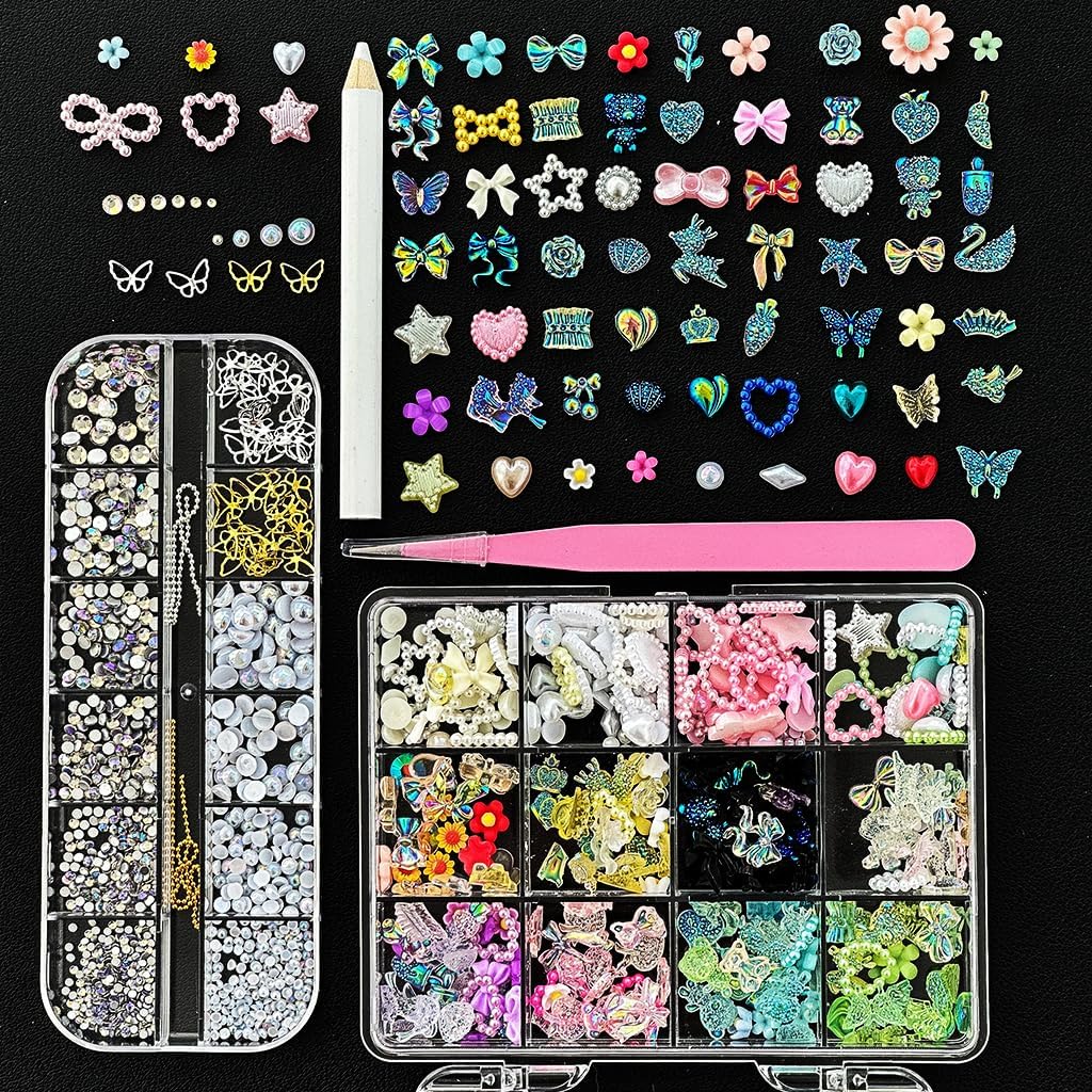 2 Pack 1500Pcs 3D Nail Charms Set Nail Art Charms with Pencil and Tweezers, Color Flower Bow Moon Heart Star Nail Art Charms,Half Round Pearl+Flatback Gems AB+Hollow Butterfly Alloy Nail Charms