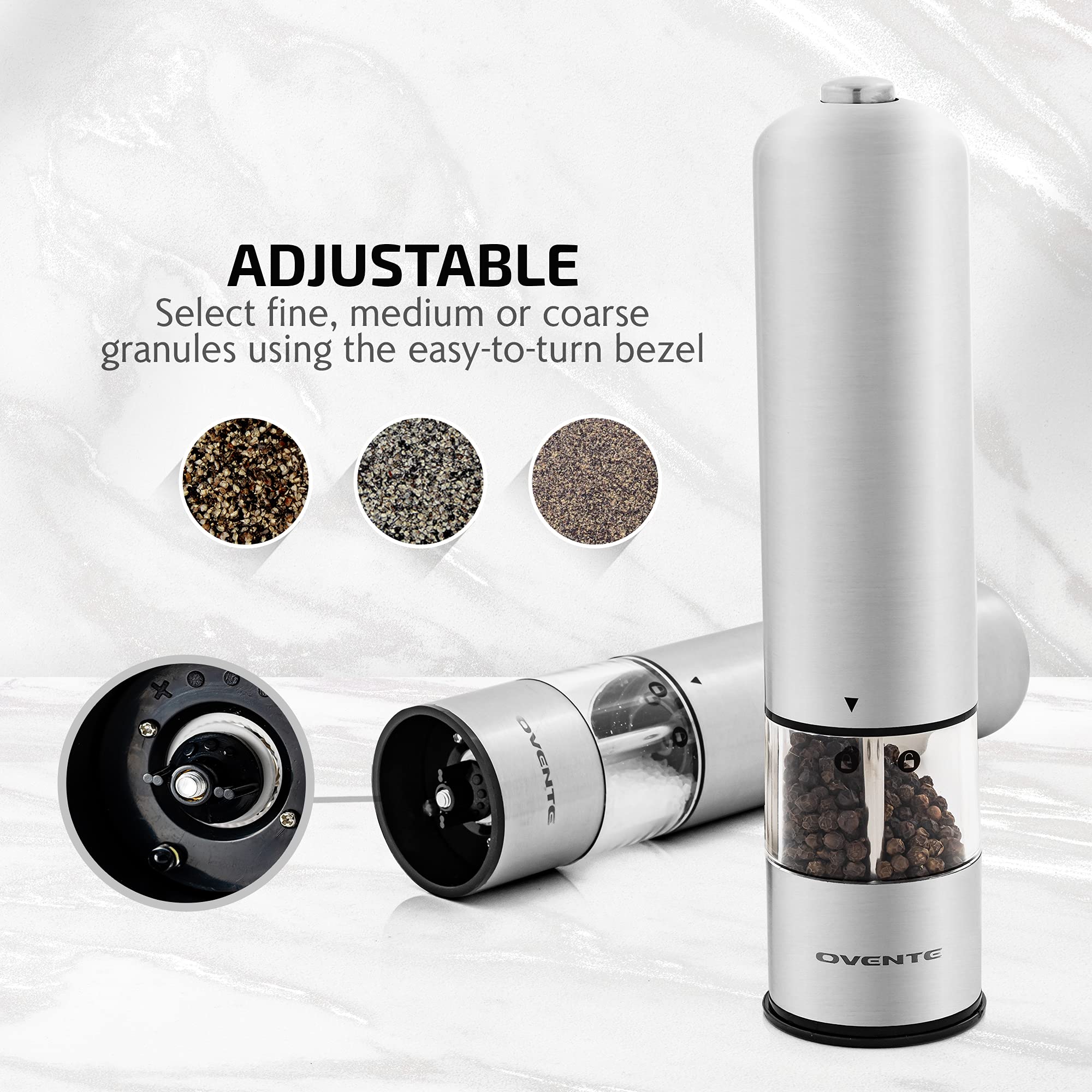 OVENTE Electric Stainless Steel Tall Sea Salt and Pepper Grinder Set with Ceramic Blade, Battery Operated Adjustable Coarseness Salt & Pepper Mill Automatic One Handed Touch, Pack of 2 Silver SPD112S