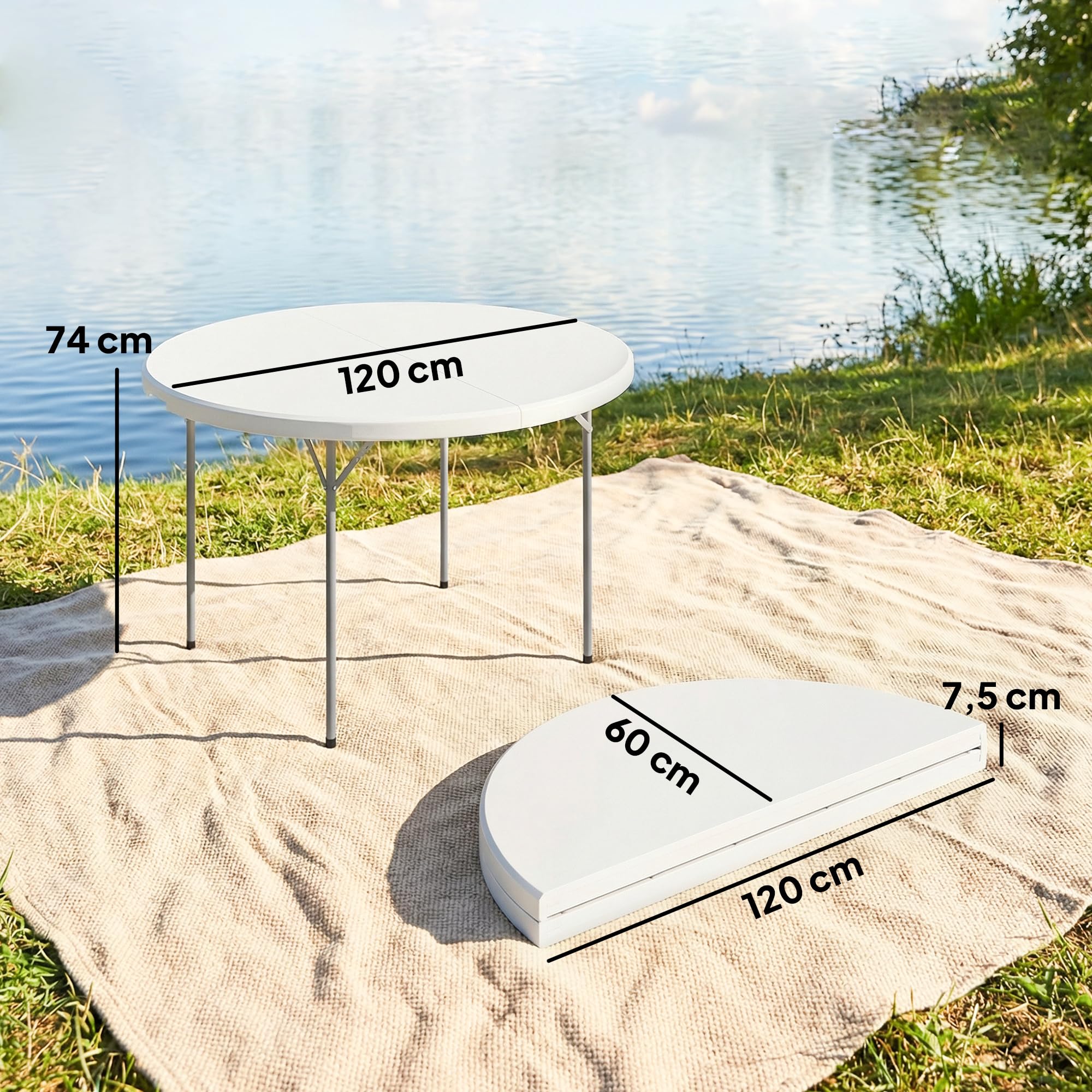 Outsunny Mesa Plegable Camping, 120x120x74 cm, Mesa Plegable Portátil Ligera con Encimera de HDPE, Almohadillas Antideslizantes, Marco Metálico, para Acampar, Senderismo, Playa, Blanco