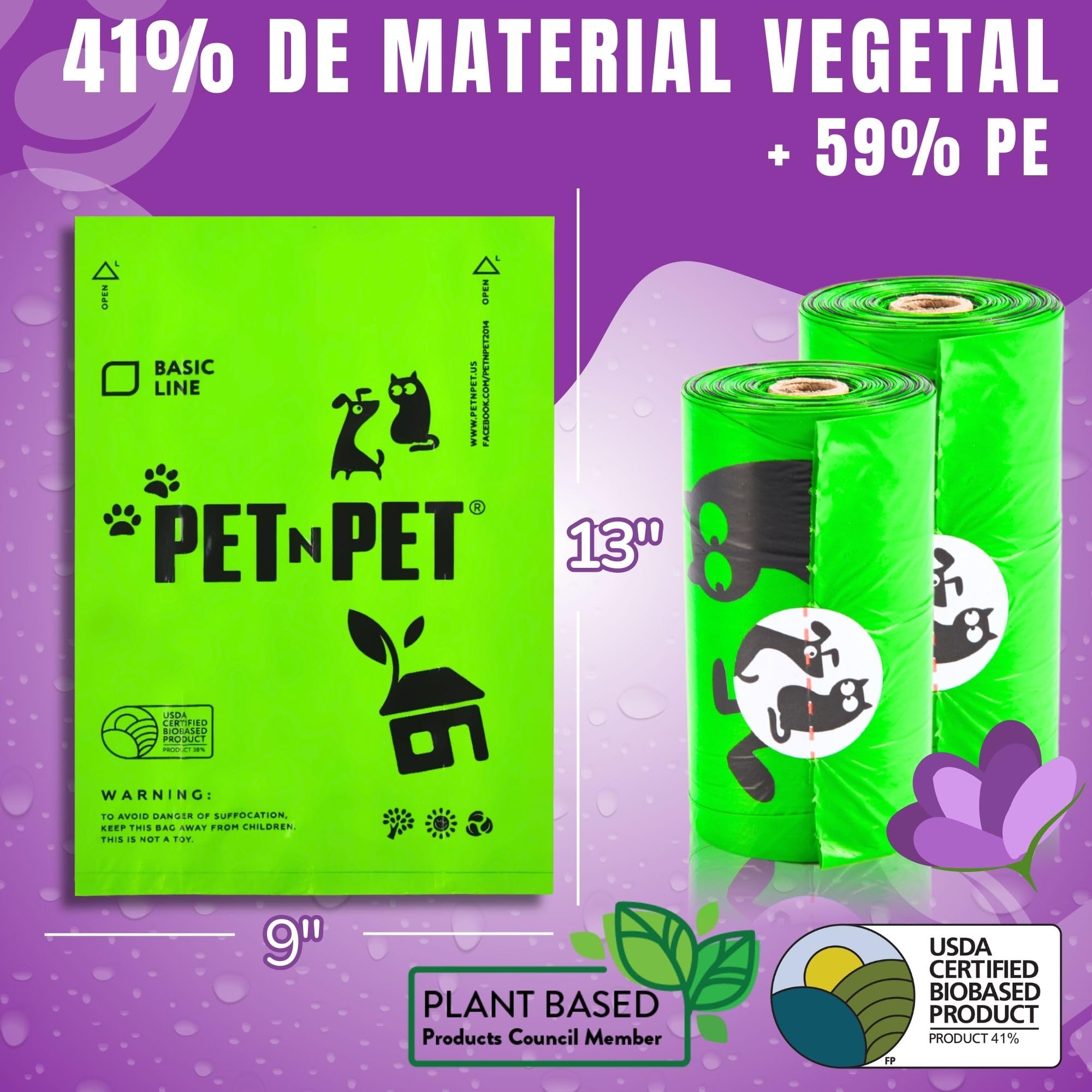 PET N PET Bolsas Caca Perro, 1080 Unidades (60 Rollos), Bolsas Perro Caca Extra Resistentes, 41% Biobased USDA Certified, Bolsas para Excrementos de Perros, Dog Poop Bags, Lavendelduft