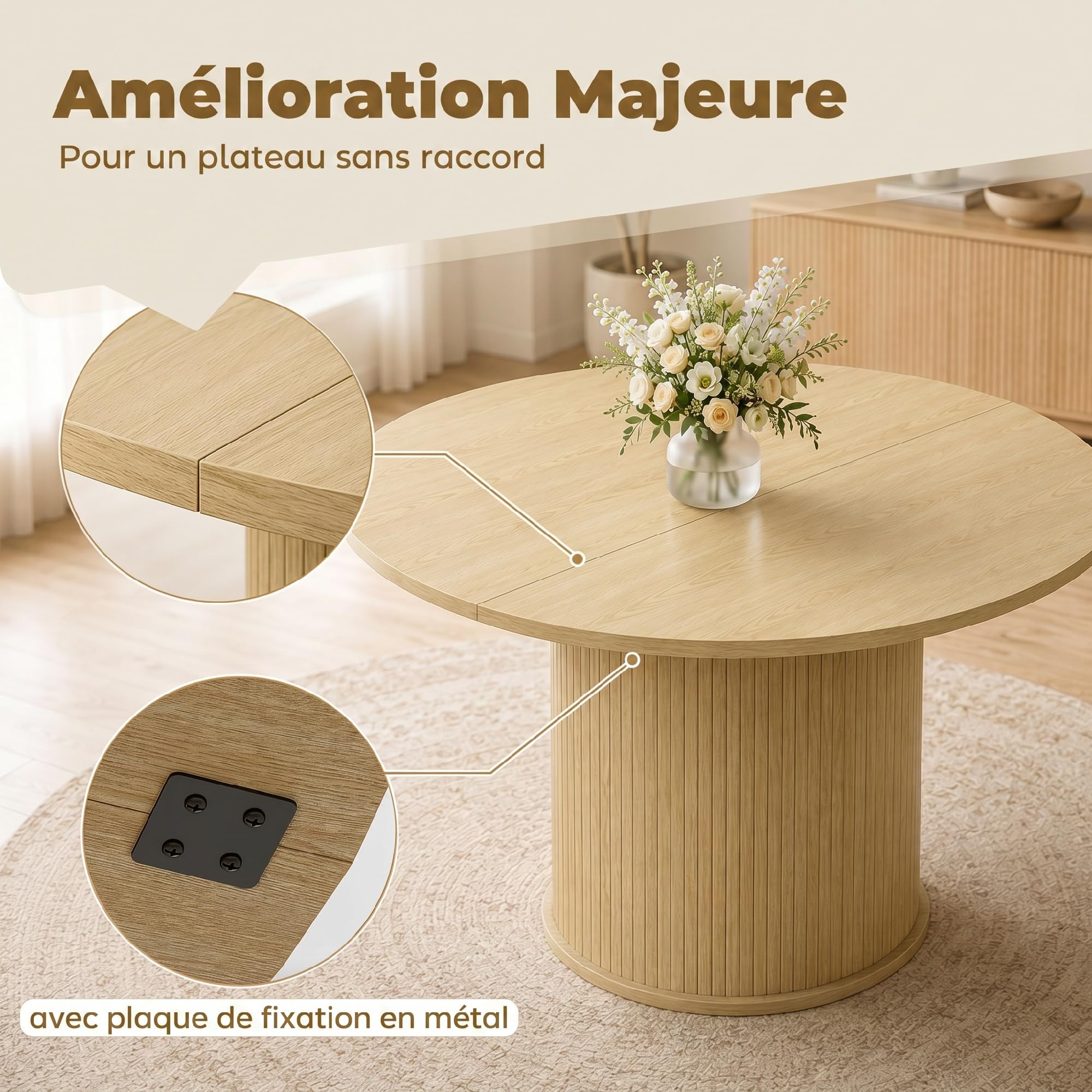 HOMCOM Table à Manger Ronde pour 4-6 Personnes Ø 120 x 75 cm Bois Naturel | Table de Cuisine Moderne, Large Plateau, Base Cylindrique Cannelée, pour Salon, Salle à Manger