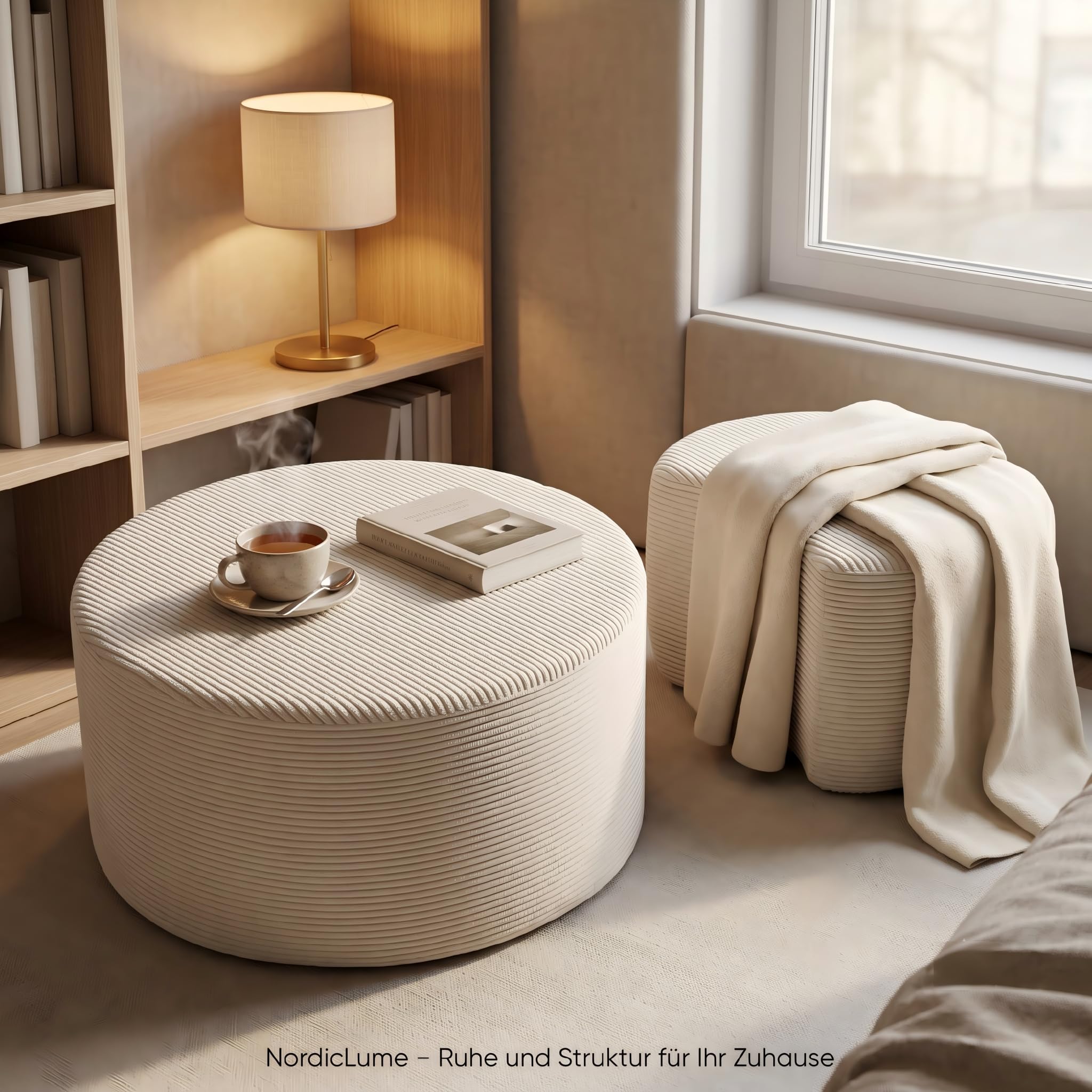 Cord Sitzhocker 2er Set Rund, Sitzpouf Beige aus Cord-Stoff, Fußhocker Wohnzimmer, Kaffeetisch Alternative, Pouf Set Groß & Klein, Ø72x38cm