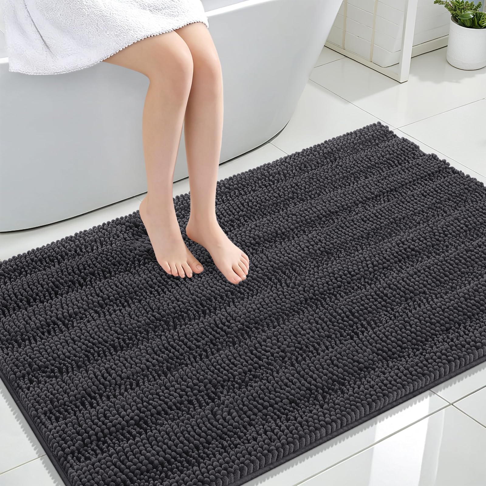 OLANLY Thick Large Bathroom Rugs 47x32, Soft Chenille Bath Rugs, Dark Grey
