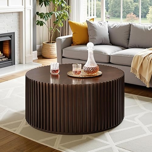 Round Wood Coffee Table for Living Room, Wooden Modern Handcraft Drum Coffee Table, Circle Center Natural Table for Small Space, No Need Assembly (Deep Brown-CT,31x31x16 in)