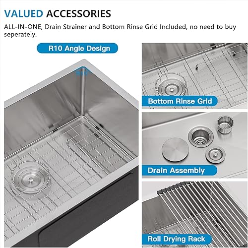 Miniatura 6 de Fregadero de cocina de 27 pulgadas x 18 pulgadas, de acero inoxidable de calibre 16, fregadero profundo de acero inoxidable con accesorios