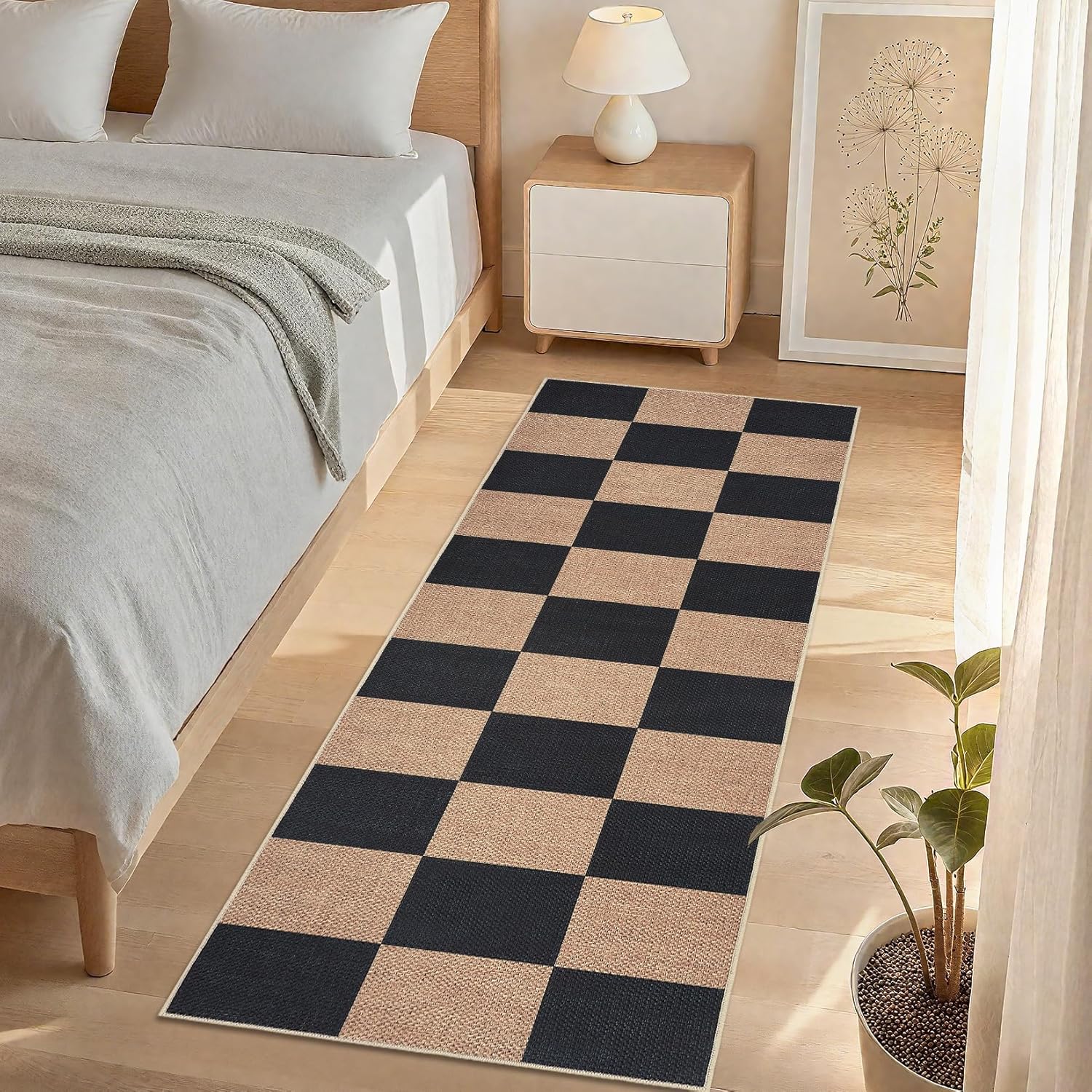 GarveeHome Checkered Easy Jute Runner Rug 2x6 Non-Slip Machine Washable Stain Resistant Indoor Outdoor Rugs for Living Room, Bedroom, Kitchen, Dining, Patio - Farmhouse Style Black Tan