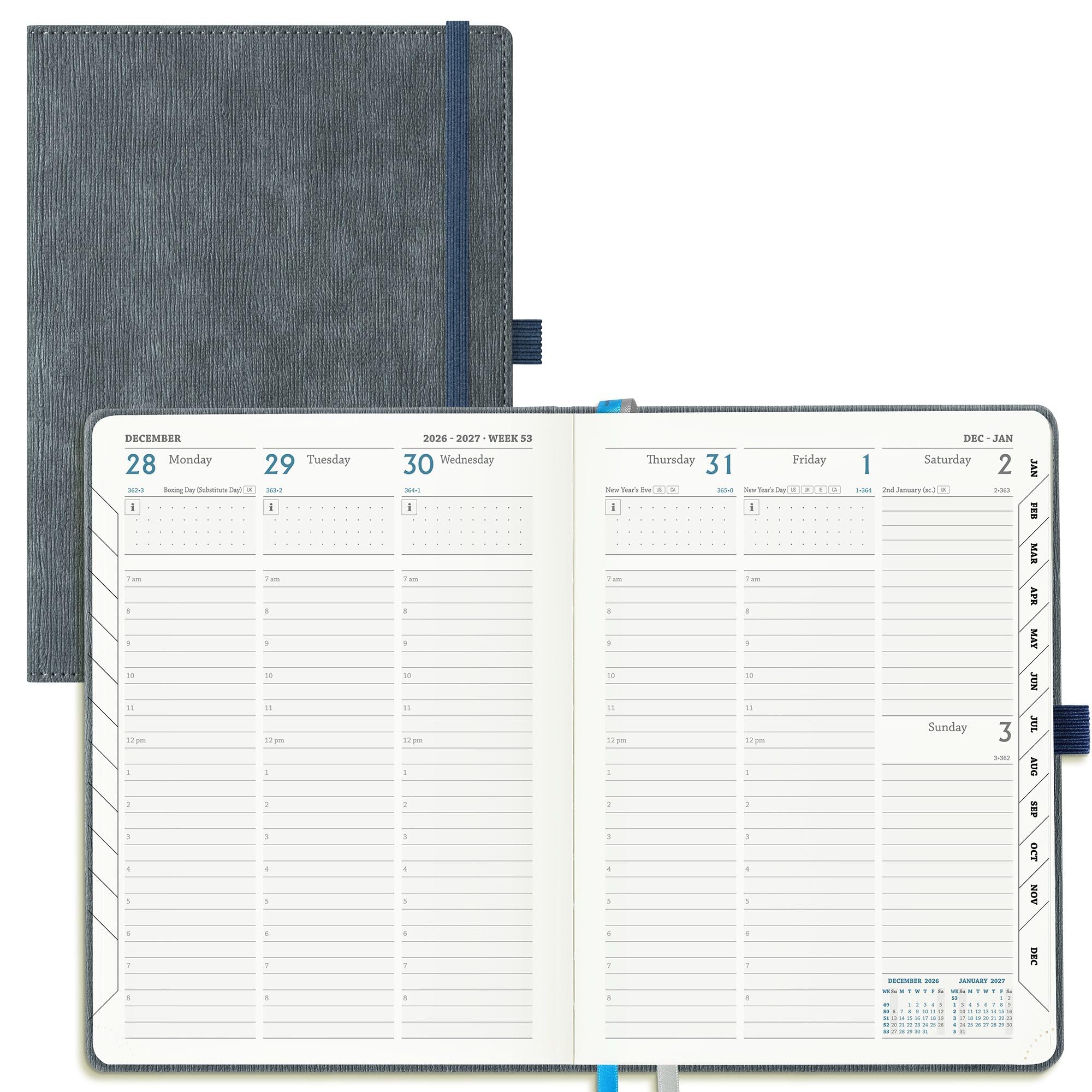 IN-LUXPRO Academic Diary 2026-2027 Week to View A5 Medium (21.9x16.2 cm) 18 Months (Jul'26 - Dec'27) Mid Year Diary 26/27 Vertical Weekly Planner with Timeslots& Month Tabs, PU Leather Charcoal Gray