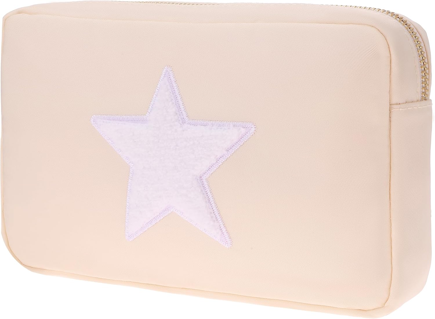 BLOC Bags Travel Makeup Bag, Cosmetic Bags for Women, Medium Cute Toiletry Bag, Make up Bag, Beauty Bag with Chenille Patch and Top Zipper, Inside Zipper Pouch and Mesh Pockets (White Star, Cream)