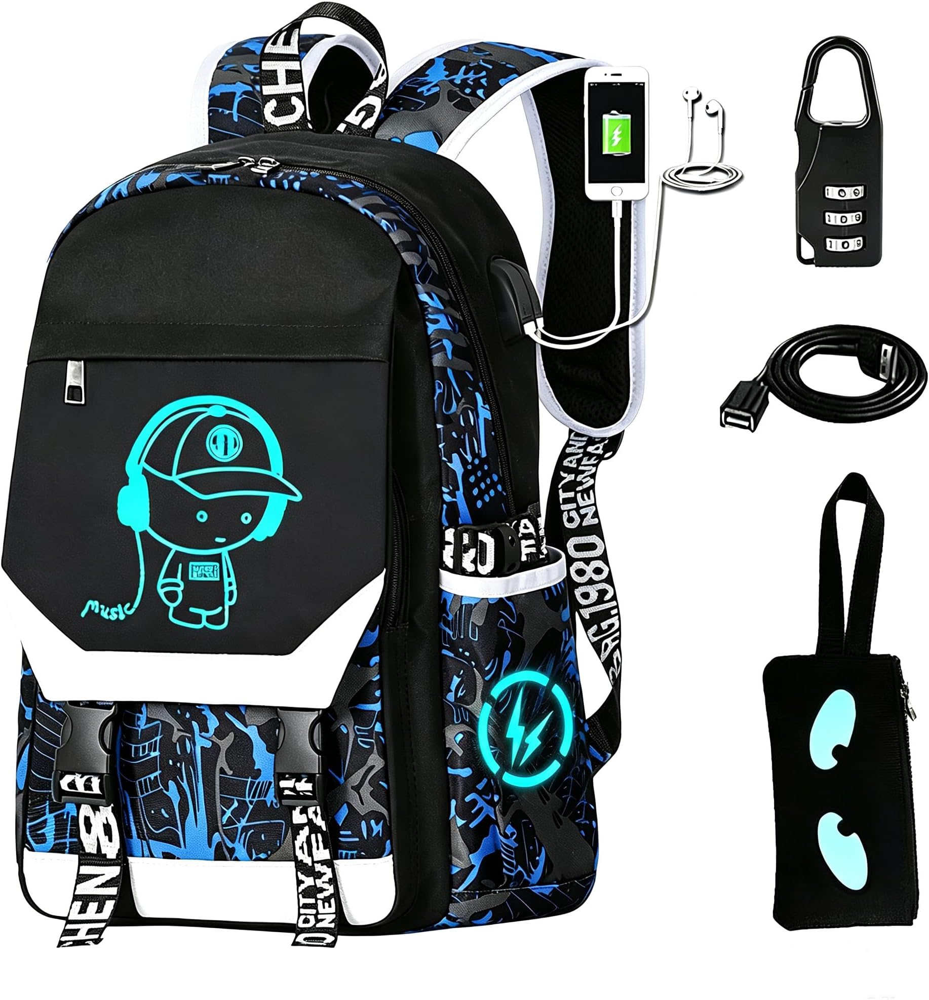 Anime Luminous Backpack Waterproof.Cool Backpacks15.6 in Large capacity Laptopeight Backpack.with USBChargingHeadphones Port.Luminous Backpack.Security Lock