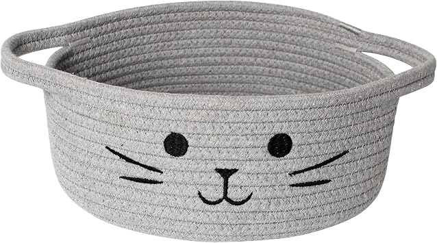 Small Cat Toy Basket, 10x10x4 Gray Cotton Rope Storage Bin with Handles, Woven Cat Organizer Box for Indoor Pets, Cute Kitty Easter Basket Gifts Empty, Living Room Nursery Decor