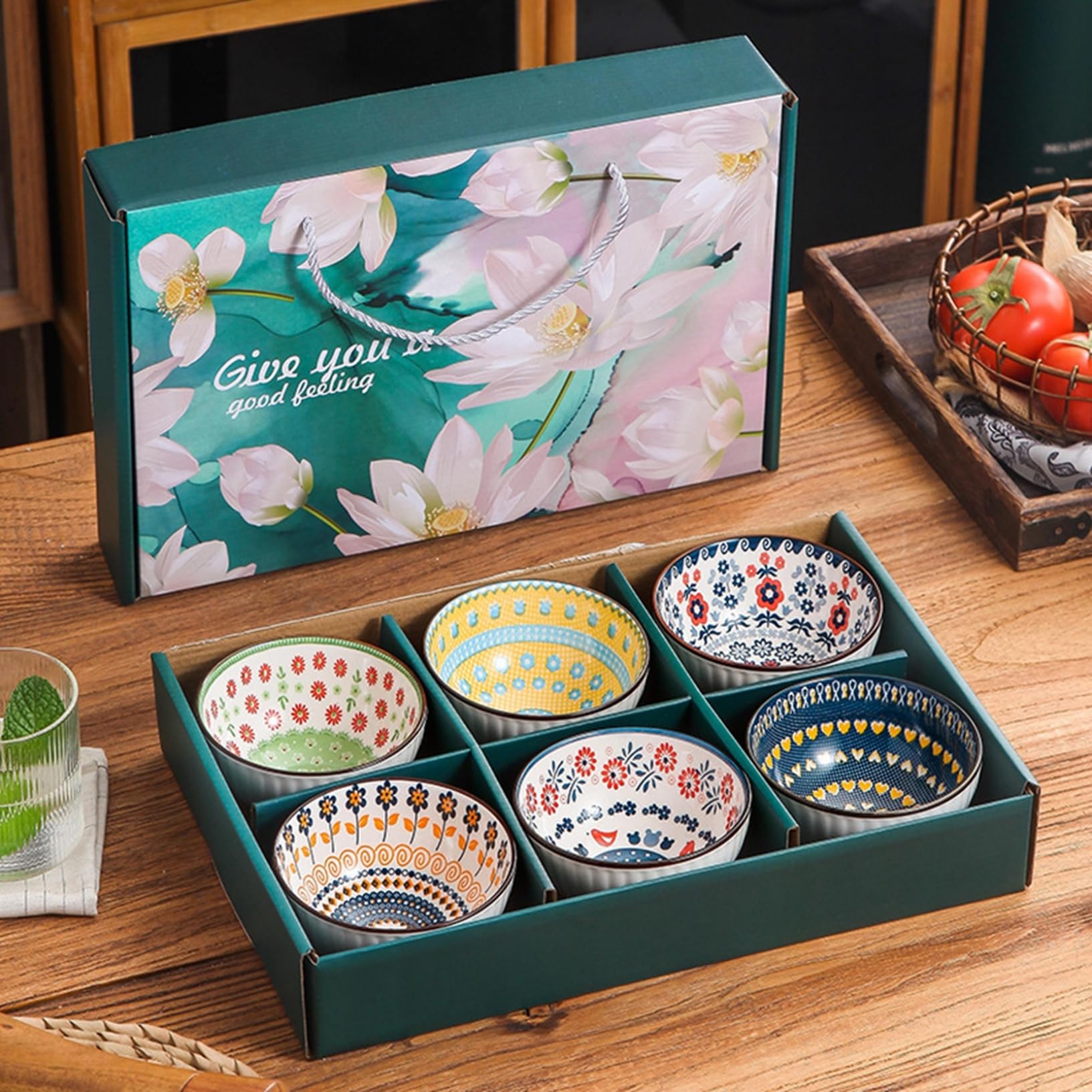 Amazon.co.jp: 食器 ギフトボックス 6個セット 碗セット 白牡丹花 田園 