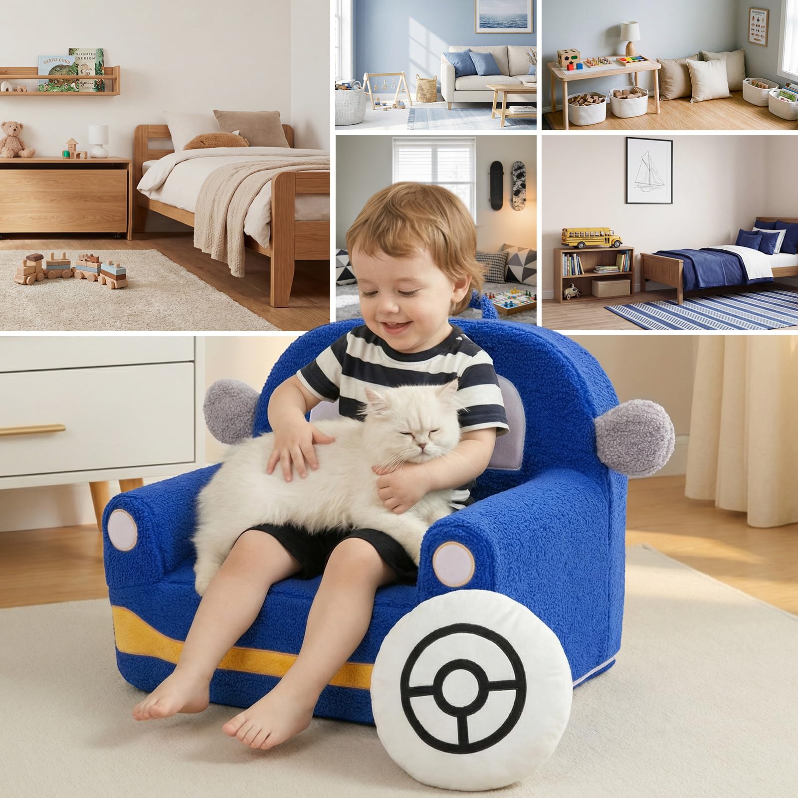 OUOZZZ Divanetto bambini 1-3 anni, poltrona poltroncina per bambini in sherpa morbido con cuscino, mini divano per cameretta， auto blu