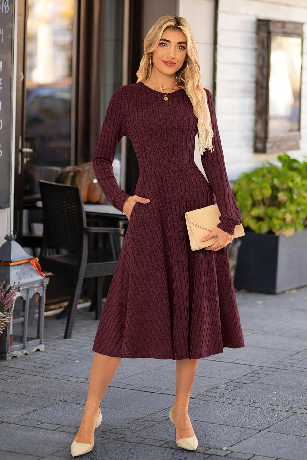 MOLERANI Womens Long Sleeve Casual Dress 2025 Fall Ribbed Knit Sweater Crewneck Midi Wedding Guest Dresses with Pockets - Image 2