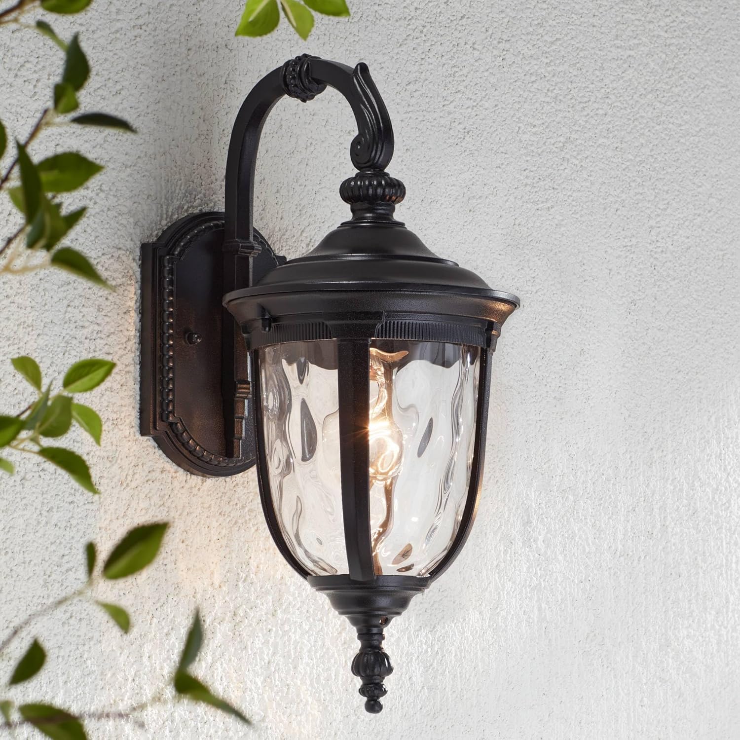 John Timberland Bellagio Vintage Downbridge Outdoor Wall Light Fixtures Set of 2 Texturized Black 16 1/2" Clear Hammered Glass for Exterior Barn Deck House Porch Yard Patio Outside Garage Front Door