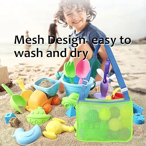 Miniatura 5 de UTTPLL Bolsa de playa de malla colorida ajustable para niños, bolsa de red de secado rápido para conchas marinas que recolecta arena juguete