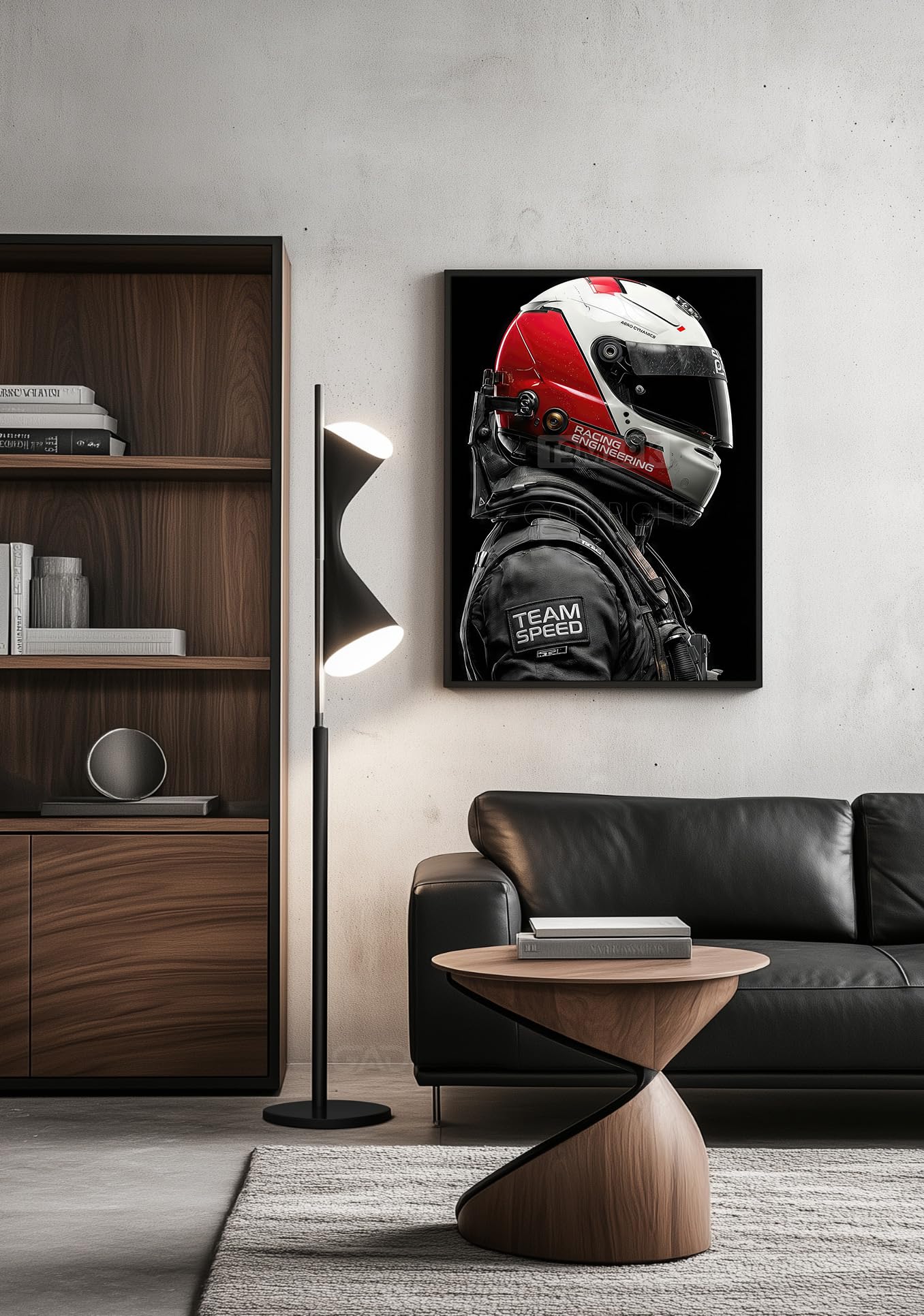 Tomaok® - Póster con impresión de cartel (marco no incluido), diseño de piloto de carreras de estilo futurista intenso, casco de carreras y espíritu circuito, decoración de fotos automotriz