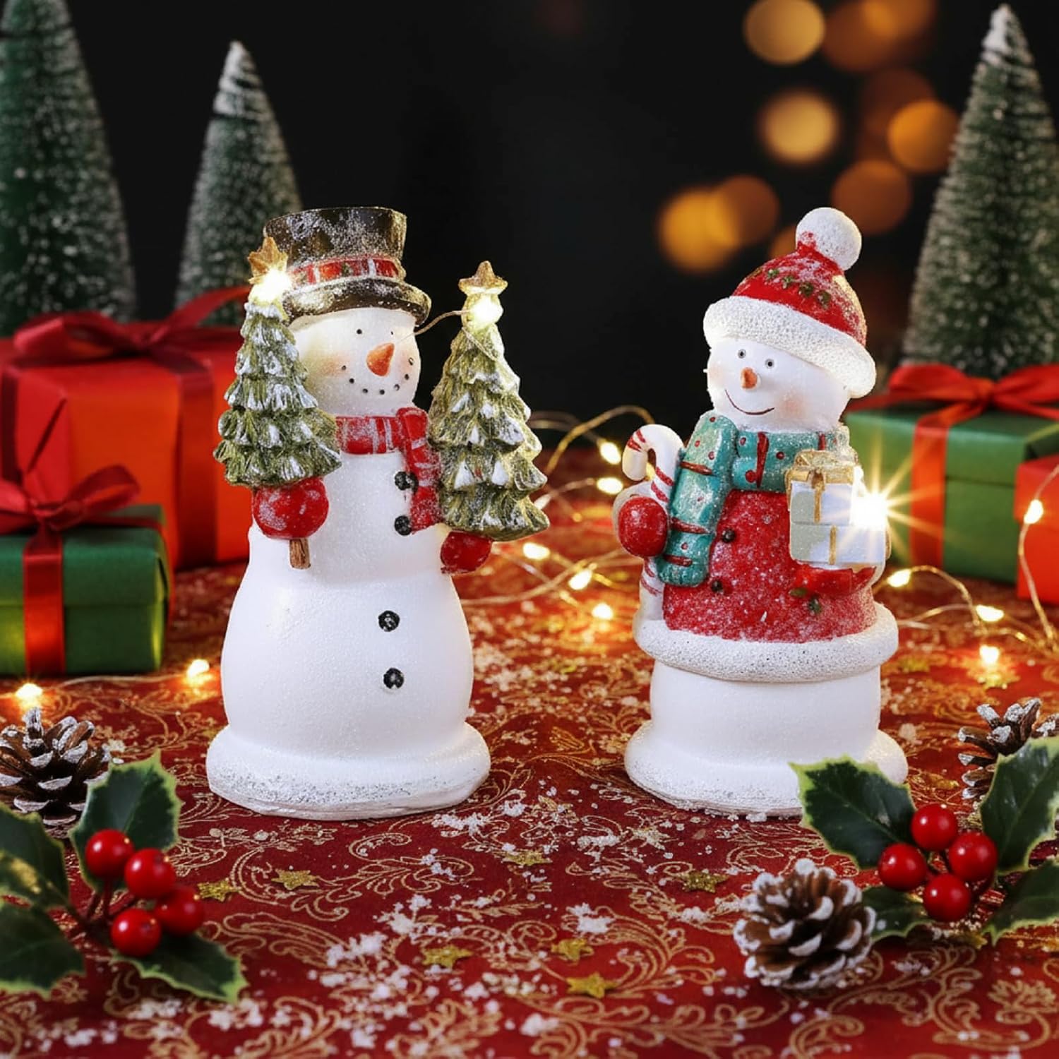 Kathfly 2 Pcs Lighted Snowman Figurines Holding Christmas Tree & Gift & Candy, 5 Inch Resin Christmas Decorations Indoor Snowman Decor for Xmas Gift Winter Holiday Centerpiece Mantel Shelf Tabletop