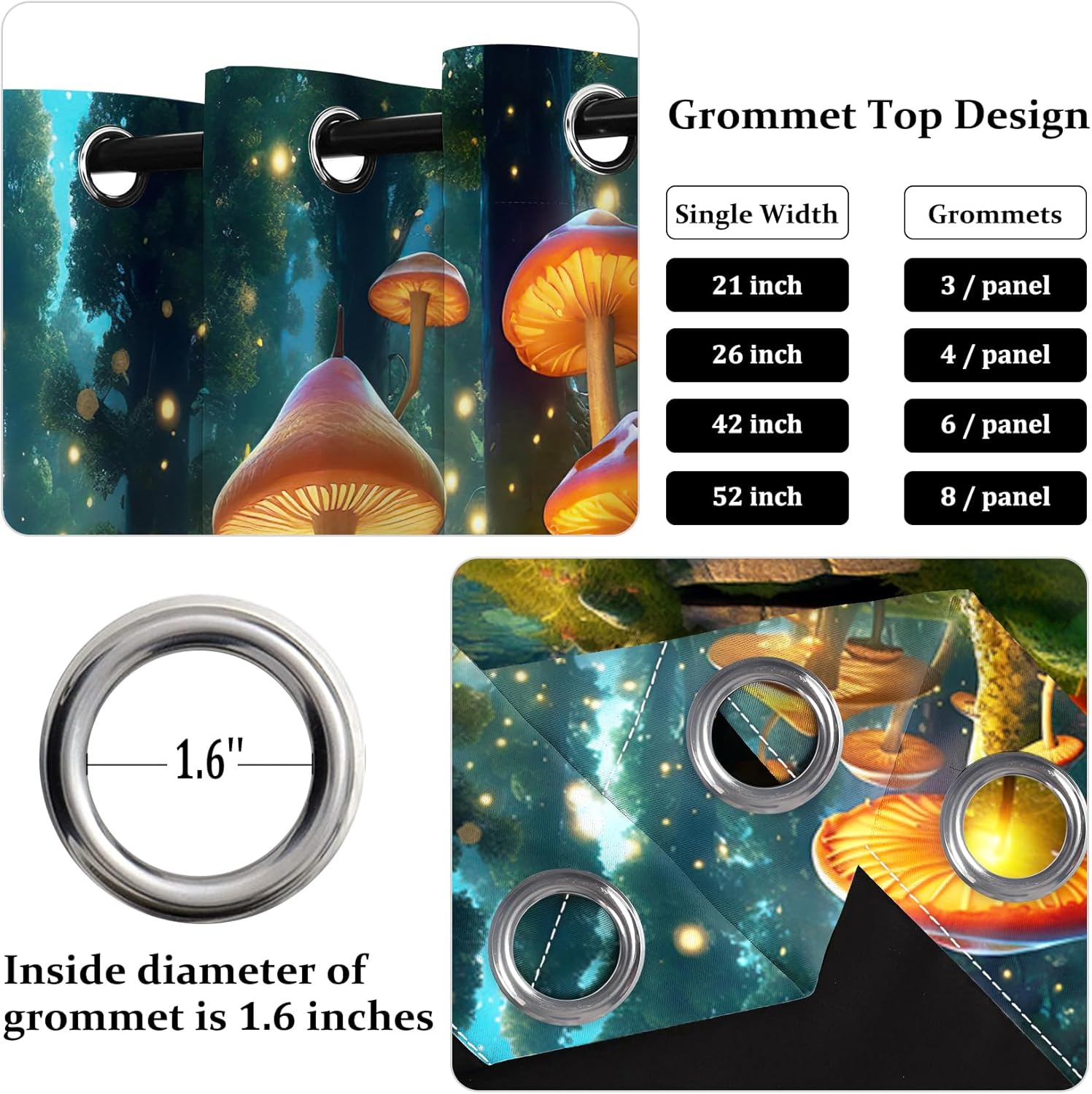 Renaiss Mushroom Wonderland Window Curtains Enchanted Forest Stone Path Blackout Drapes Fantasy Mushrooms Trees Grommet Window Treatments for Kitchen Bedroom Living Room 26x63 Inches x 2 Panels