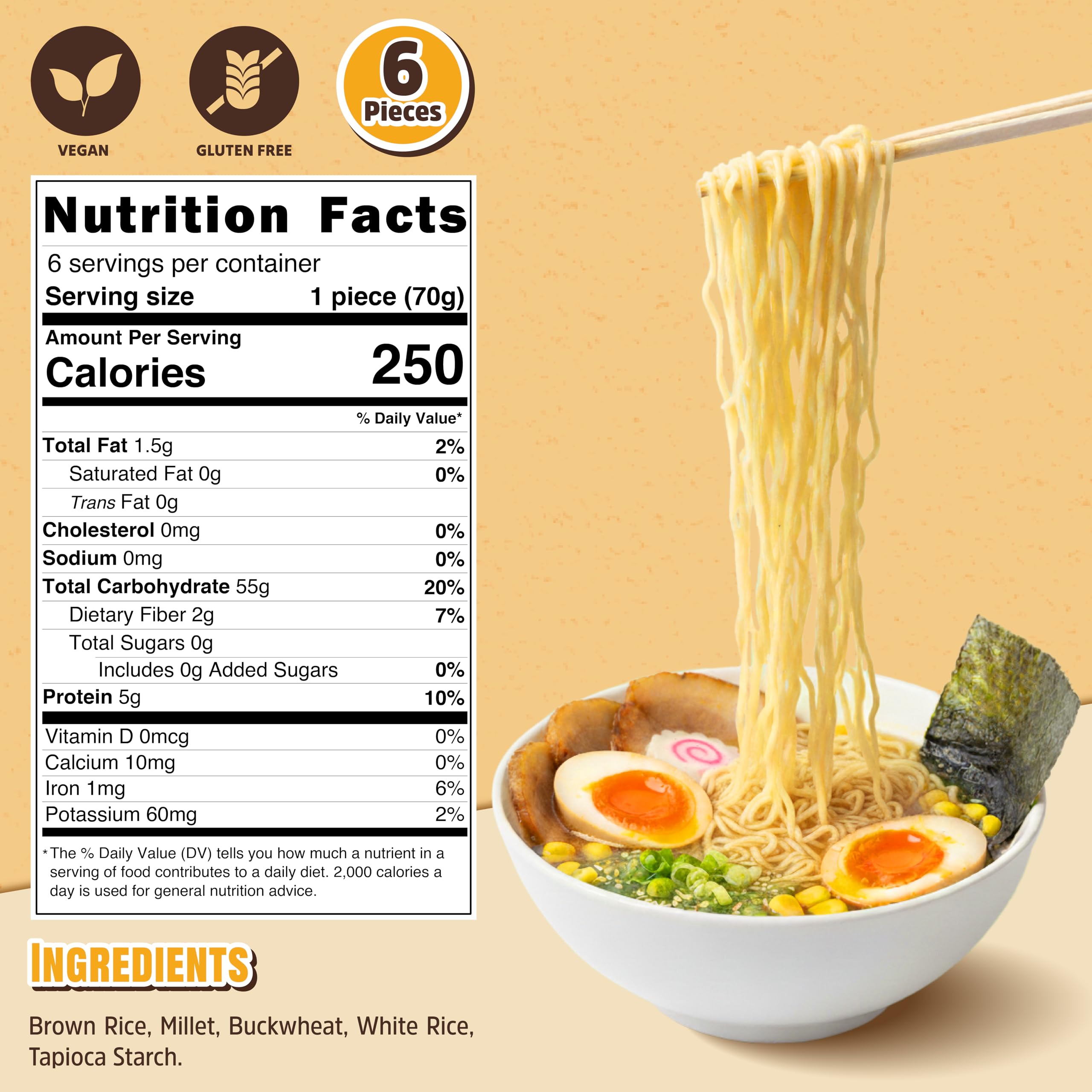 Gluten Free Ramen Noodles Multigrain (6 packs) Millet And Brown Rice Ramen Noodles Plain, Low Sodium, Vegan, Healthy Buckwheat Noodles No Seasoning