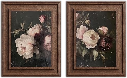 2 piezas de lienzo vintage de flores de peonías de arte para pared, diseño clásico de peonías de color rosa oscuro, decoración de pared, retro,
