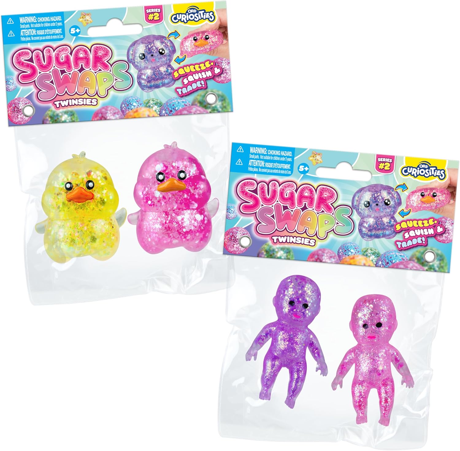 ORB Curiosities Duck and Babies Sugar Swaps 2 Pack - 4 Sparkly Sugar Duck and Baby Squishy Toys to Stretch, Squeeze, Collect, and Trade - Fun Stress Relief, Sensory and Fidget Toys for Kids and Adults