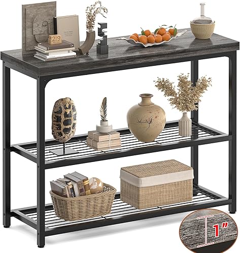 Mesa de Consola Pequeña de 32" con Almacenamiento, Mesa de Entrada Estrecha de 3 Niveles, Mesa de Sofá Resistente con Estantes de Malla, Mesas de