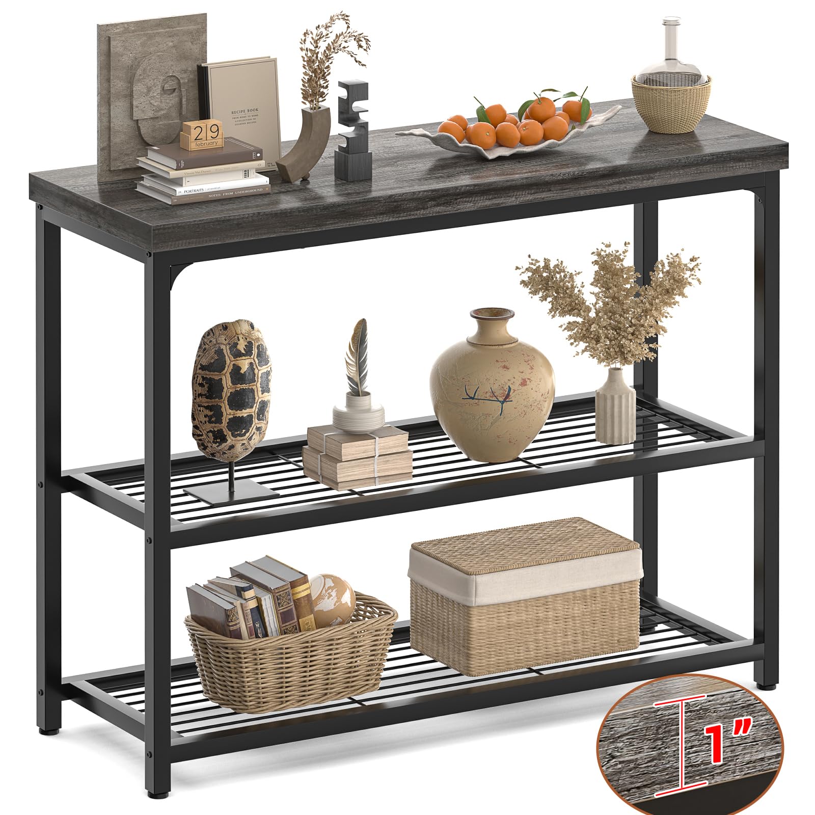 Besiost 32" Small Console Table with Storage, 3-Tier Narrow Entryway Table, Sturdy Sofa Table with Mesh Shelves, Console Tables for Living Room,