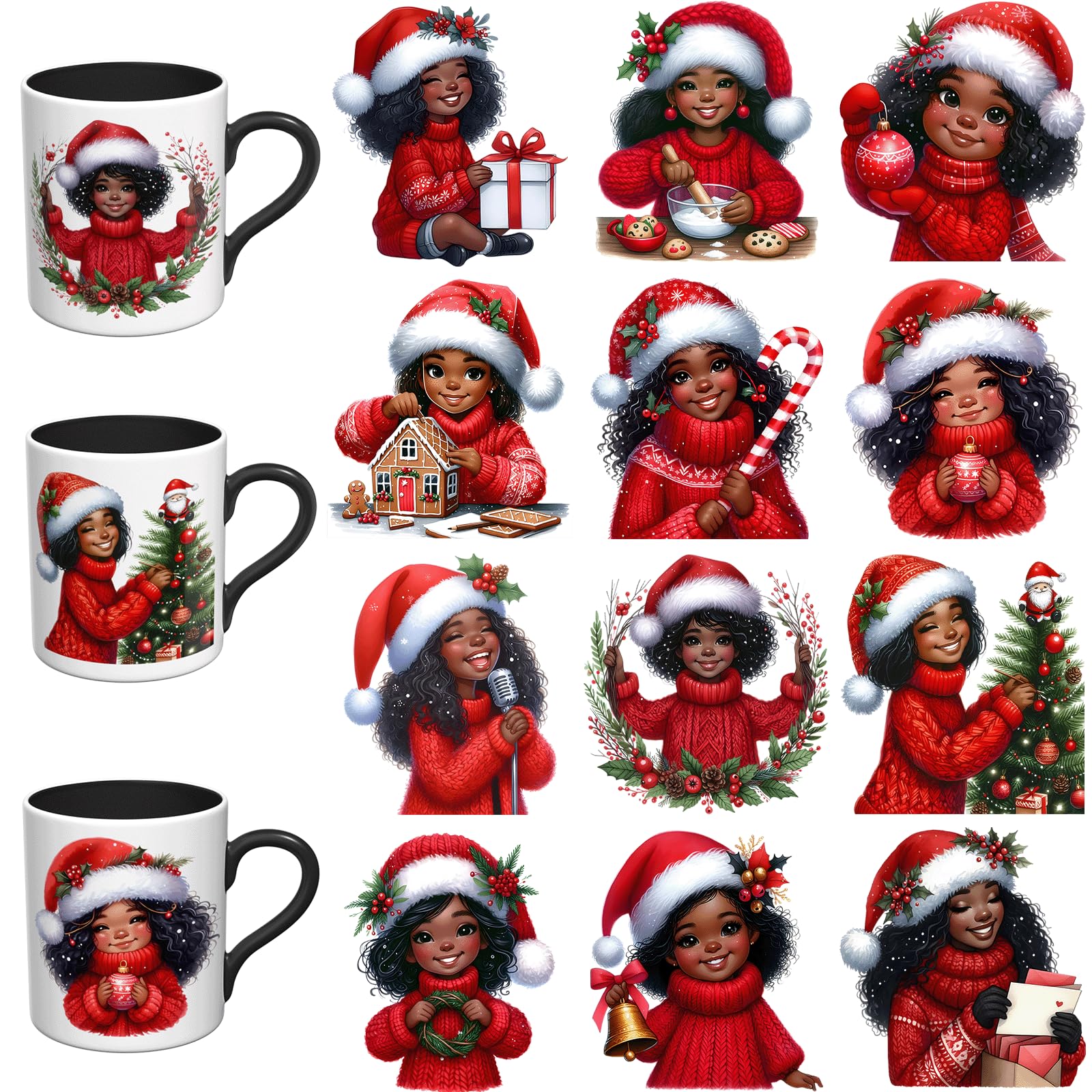 Autocollants UV DTF Noël Fille Noire pour tasses et gobelets en verre - Lot de 12