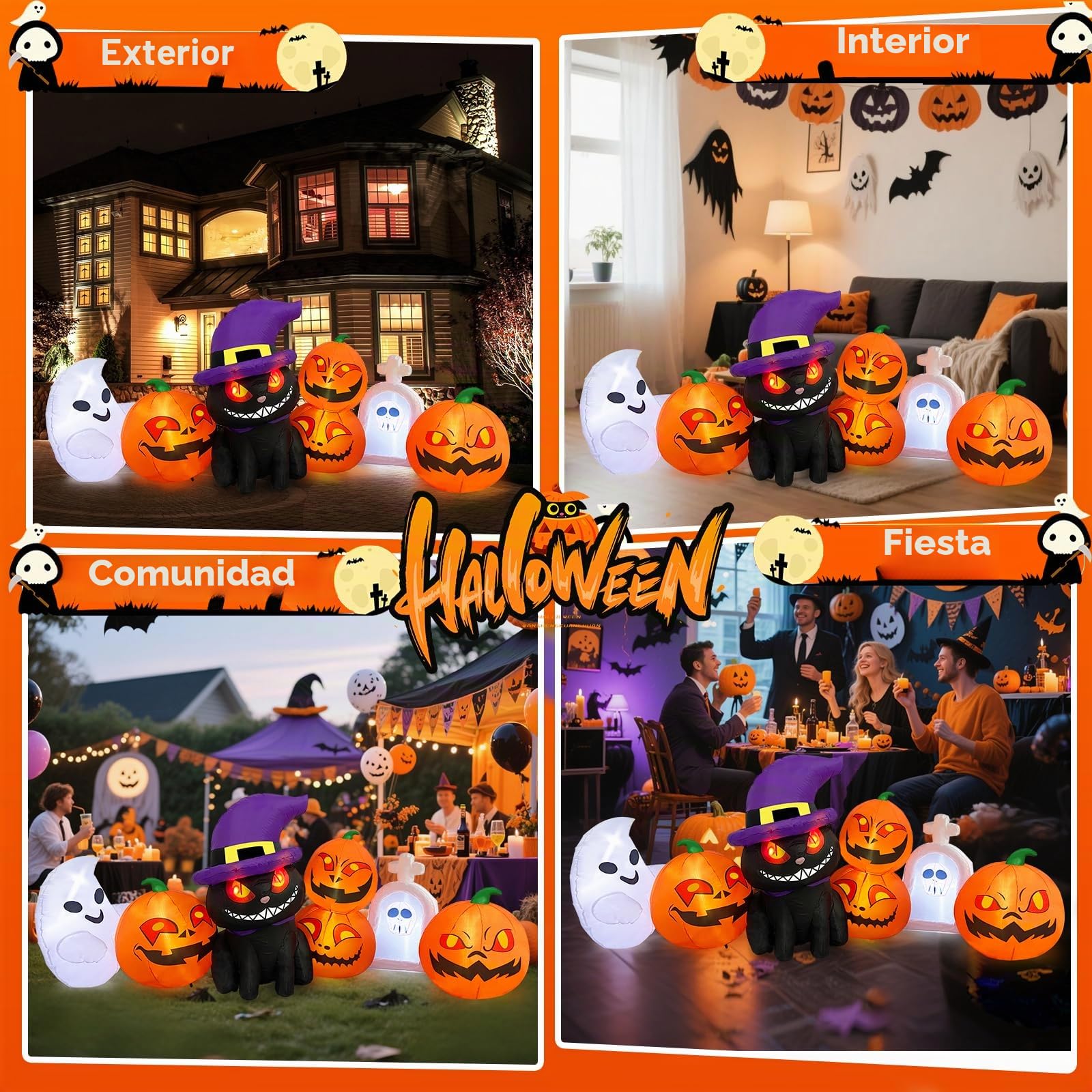 Danxilu Calabazas Hinchable Halloween 2,4 m con Fantasma y Gato Negro