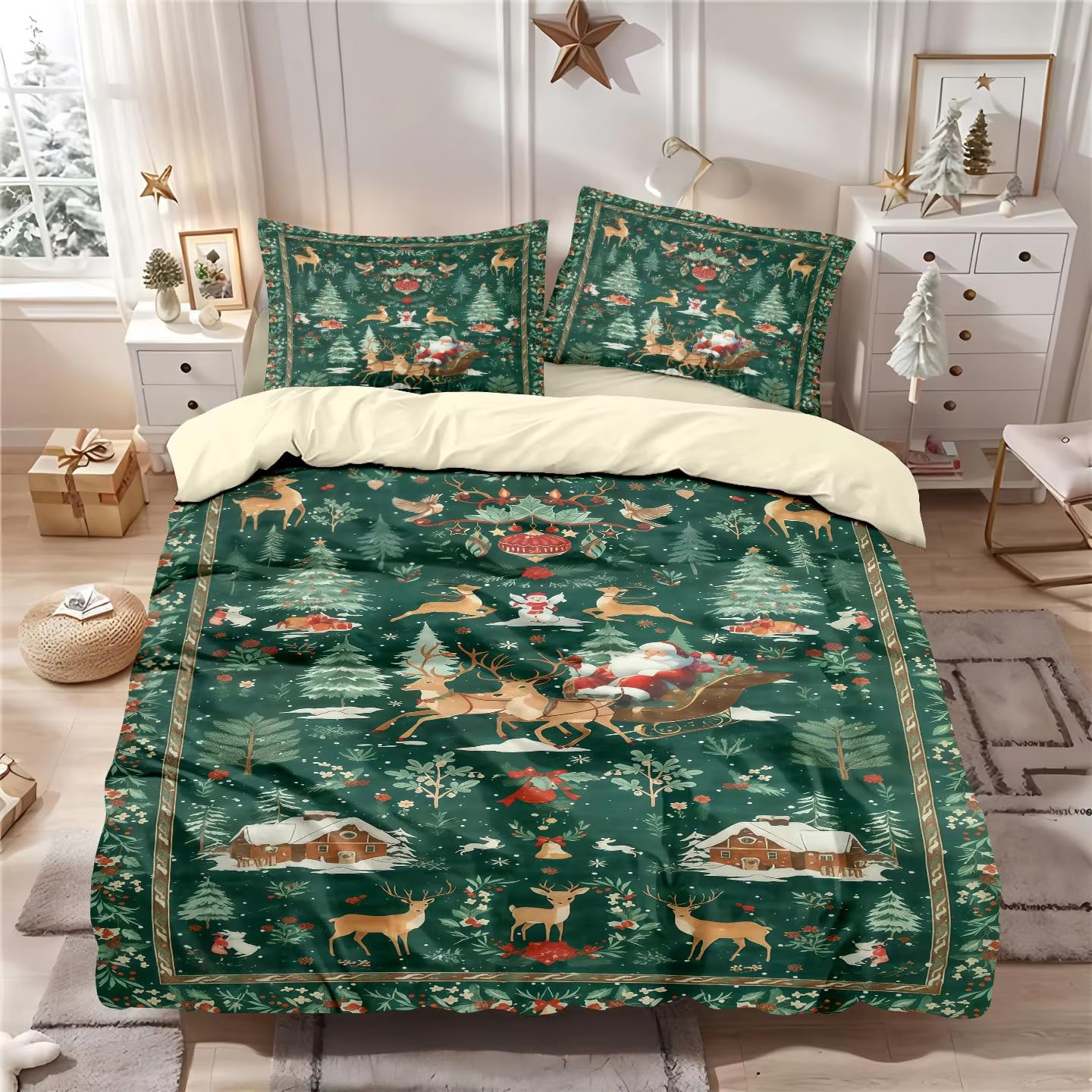 Housse de couette de Noël festive verte pour chambre chalet hivernale