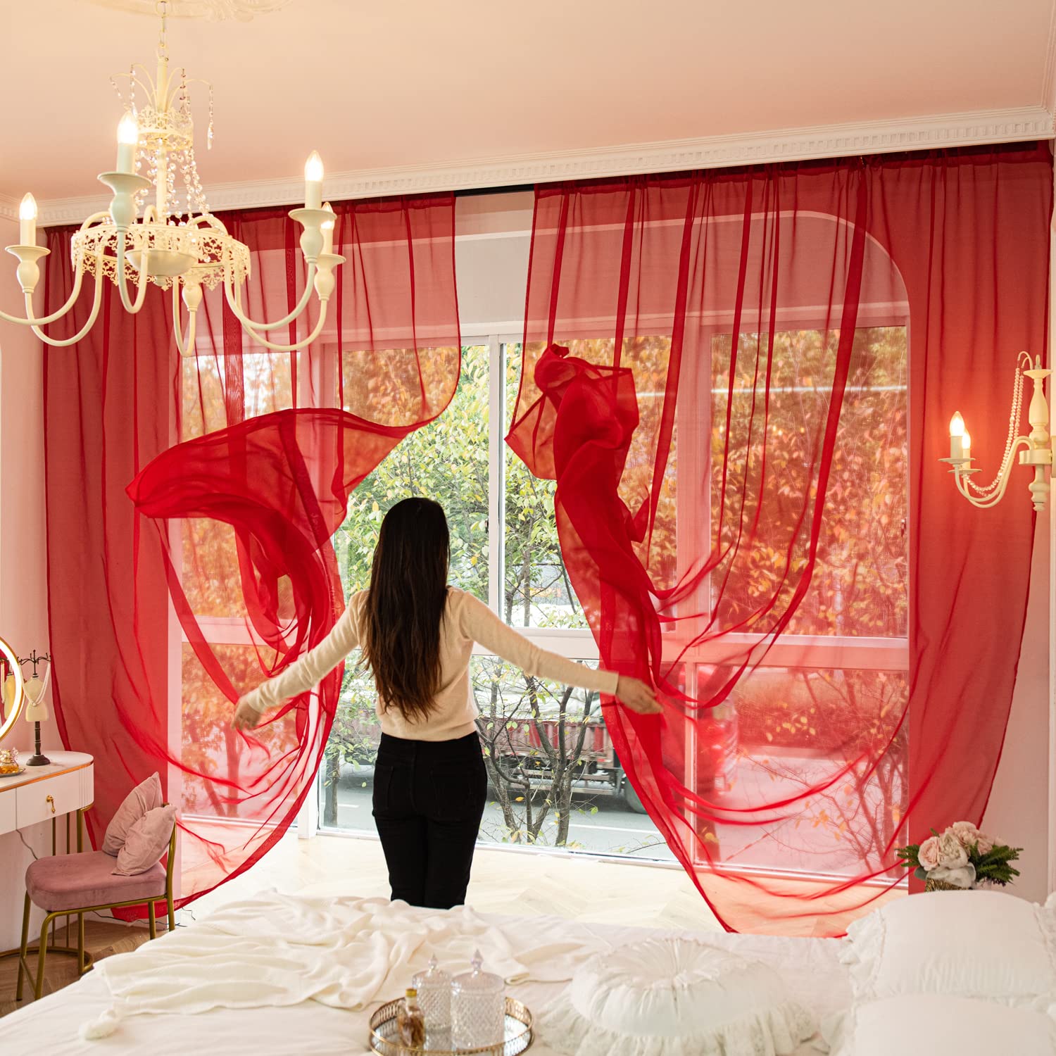 PHILEASY Window Sheer Rose Color Curtains 45 Inches Long 52 inches Width 2 Panels Sheer Curtains Sheer Curtain Clear Basic Rod Pocket Panel 15 Colors 16 Size for Bedroom Living Room Yard Kitchen