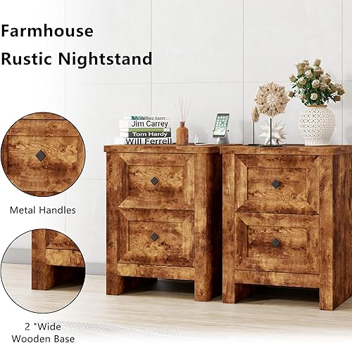 Miniatura 6 de LUXOAK Mesita de noche con estación de carga, mesa auxiliar de granja con armario de almacenamiento de 2 cajones, mesa auxiliar de sofá de madera