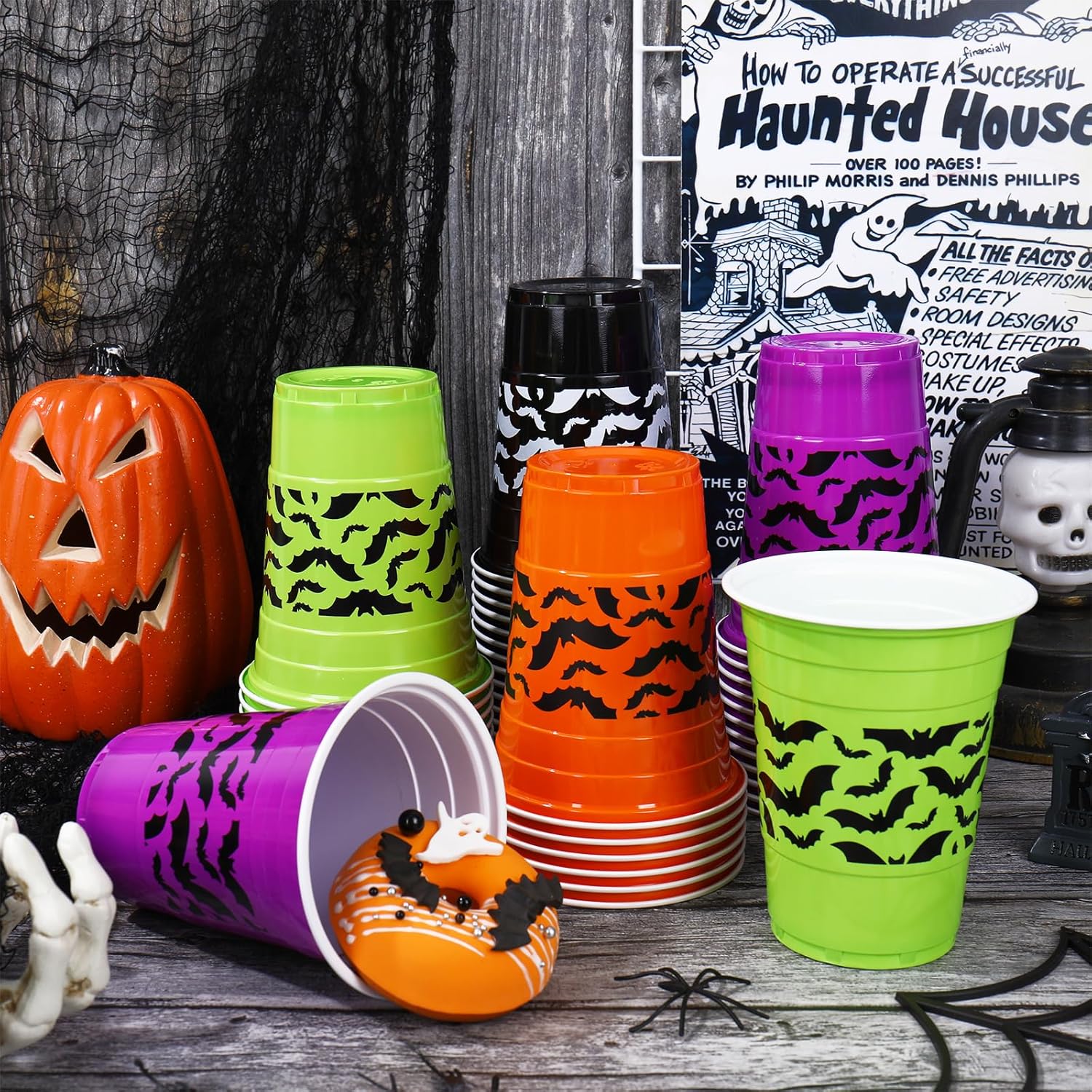 JarThenaAMCS 60Pcs Halloween Plastic Cups 16 oz Blak Bat Party Cups Disposable Drinking Cup for Hot Cold Drinks Holiday Party Favors Supplies Family Dinner Decor