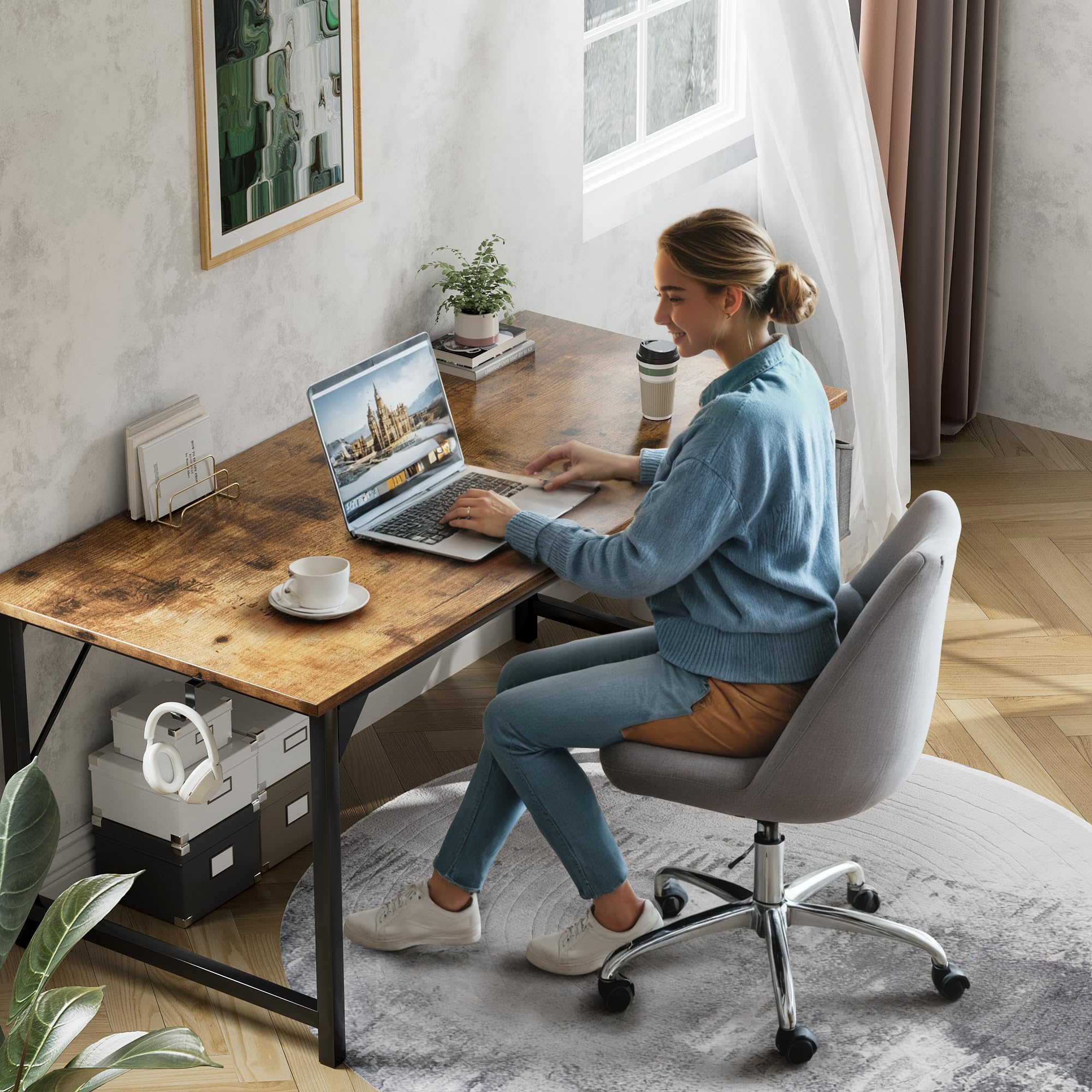 Shahoo 48 Inch Computer Desk, Wood Modern Simple PC Home Office Table with Storage Bag and Headphone Hook for Home, Office, Study, Writing, Rustic Brown