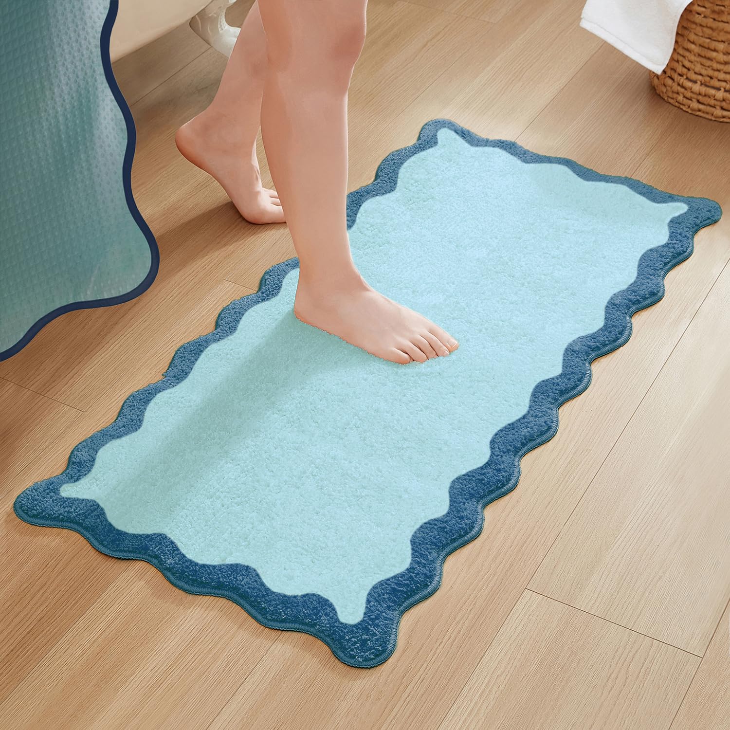 MONDAY MOOSE Bath Mat with Scalloped Wavy Ripple Design, Microfiber Absorbent Non Slip Tufted Rug for Floor, Shower or Kitchen (24x47 inch, Blue)