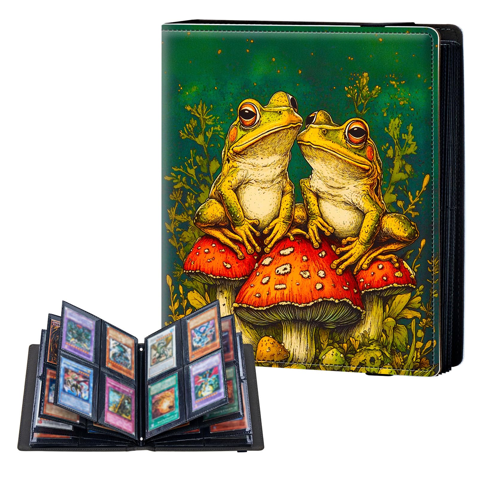 ETLKJVBL 4 Pocket Trading Card Binder, Card Collection Binder for TCG, MTG, Sports Cards, Baseball, Two Frogs Sitting on Mushrooms Trading Card Book Holder for Collectors, Top Loader Binder