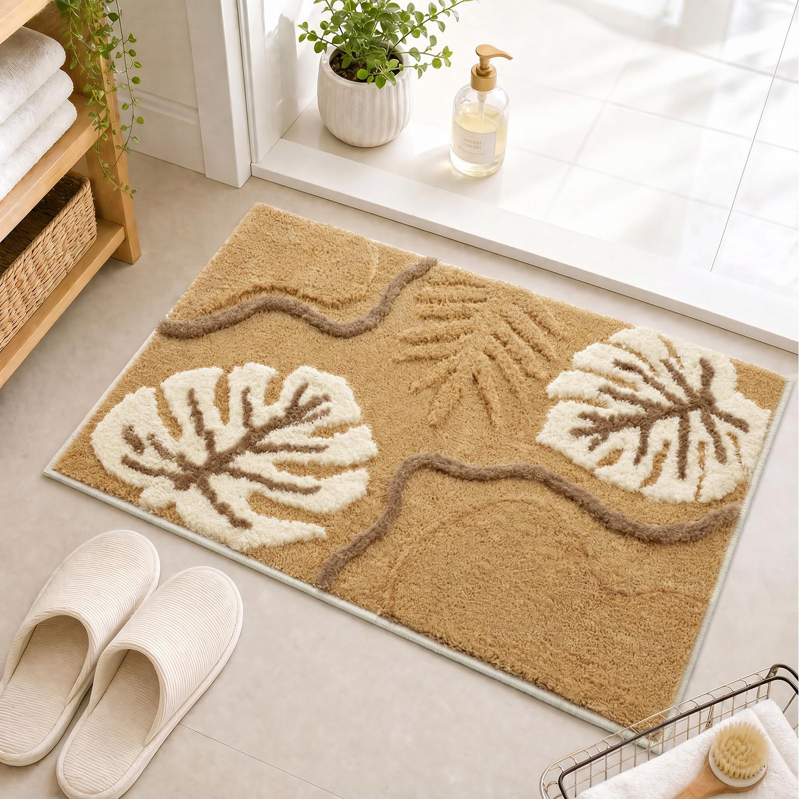 BLESWIN Leaf Bath Mat 40 x 60 cm, Ultra Soft Quick Drying Microfiber Absorbent Bath Rug, Non-Slip Washable Bathroom Rugs for Shower Floor Bathtub Bedroom, Beige