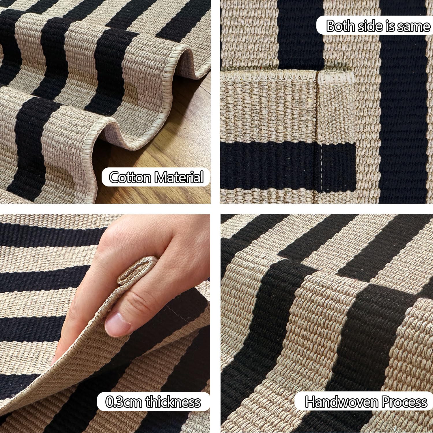 Indoor Outdoor Rug 3x5 Front Door Mat Outdoor Cotton Welcome Mat Outdoor Farmhouse Layered Mat Washable Stripe Outdoor Mats for Entrance Front Door Porch Balcony(Black/Tan) — view 3
