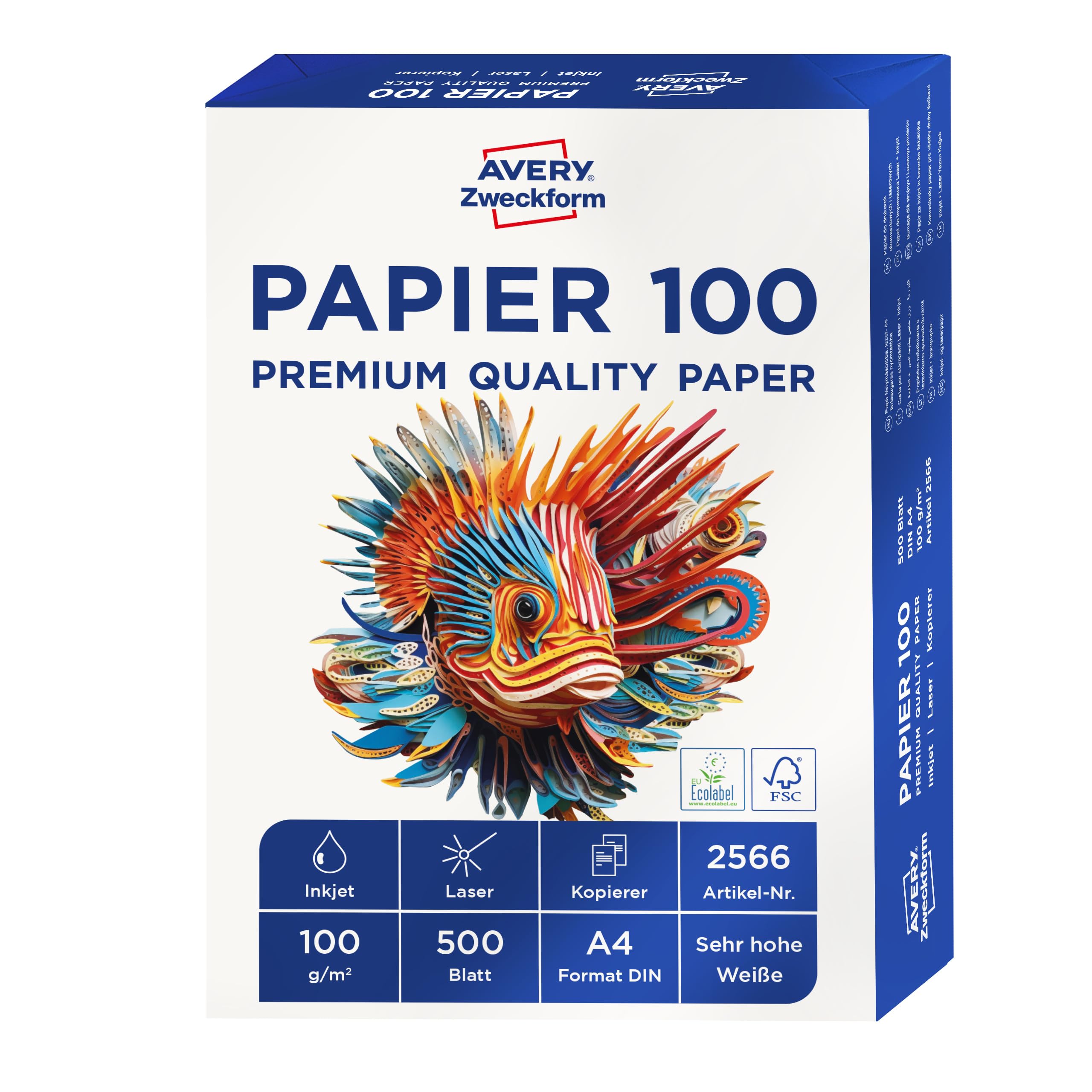 AVERY Zweckform 2566 Drucker-/Kopierpapier (500 Blatt, 100 g/m², DIN A4 Papier, hochweiß, für alle Drucker) 1 Pack