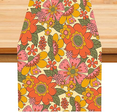 Miniatura 31 de Camino de mesa retro de los años 70, estilo vintage, arte abstracto moderno, verde, bohemio, espiral, ondas, granja, campo, cena, para el hogar,