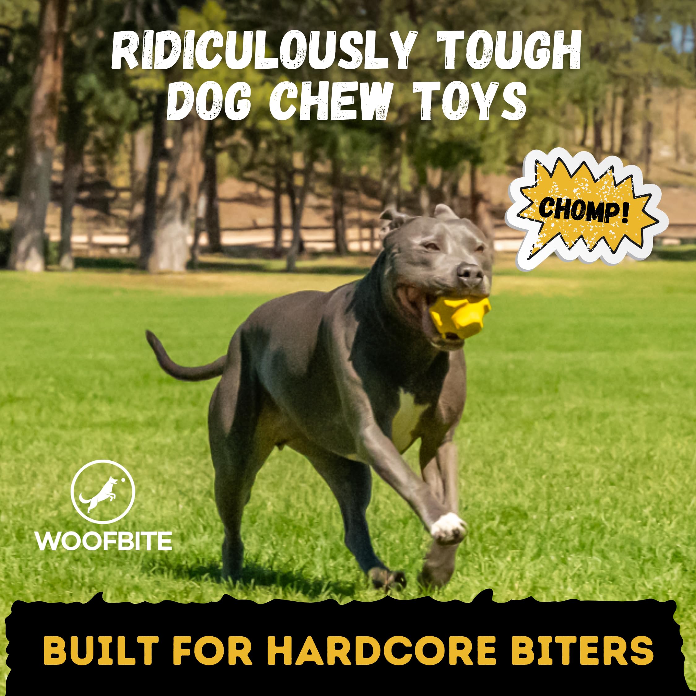 WoofBite Indestructible Jumping Jack Ball - Lifetime Replacement - Aggressive Chewers, Medium Large Breed - Non-Toxic Natural Rubber Dog Toys - Bouncing, Interactive Chew Fetch Toy - Yellow - 4.5”