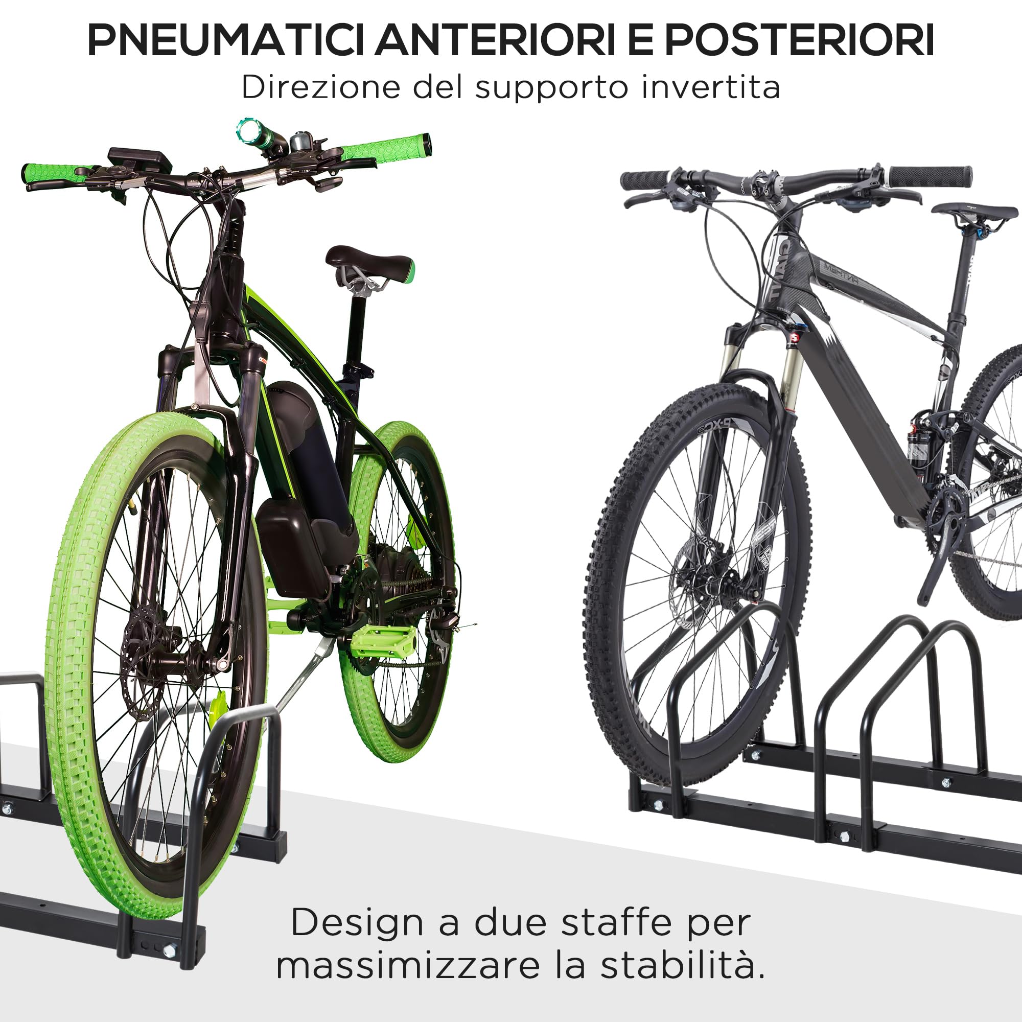 HOMCOM Rastrelliera Biciclette da Pavimento o Parete, Portabici da Terra per 4 Biciclette in Acciaio, Ruote Fino 65 mm, 110x33x27 cm, Nero