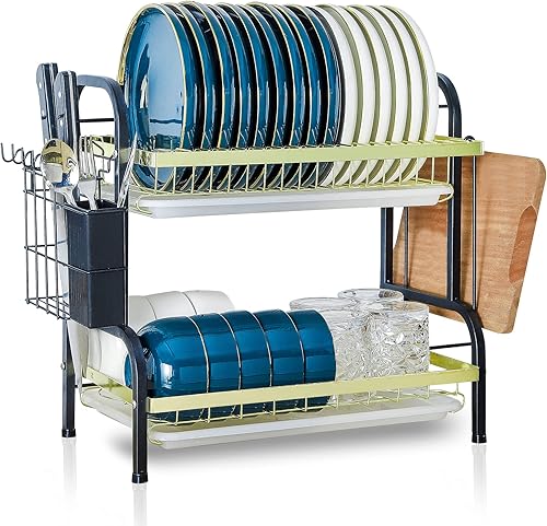 BETTWILL Estante para secar platos Estante para platos de acero al carbono para encimera de cocina Estante para secar platos de 2 niveles con 2