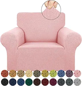 KEKUOU Stretch Single Sofa Slipcover 1 Piece Couch Sofa Cover (31"-55") Furniture Protector 1 Seater Sofa with Elastic Bottom for Kids,Pet.Jacquard Small Checked Pattern Fabric(Small,Dusty Pink)