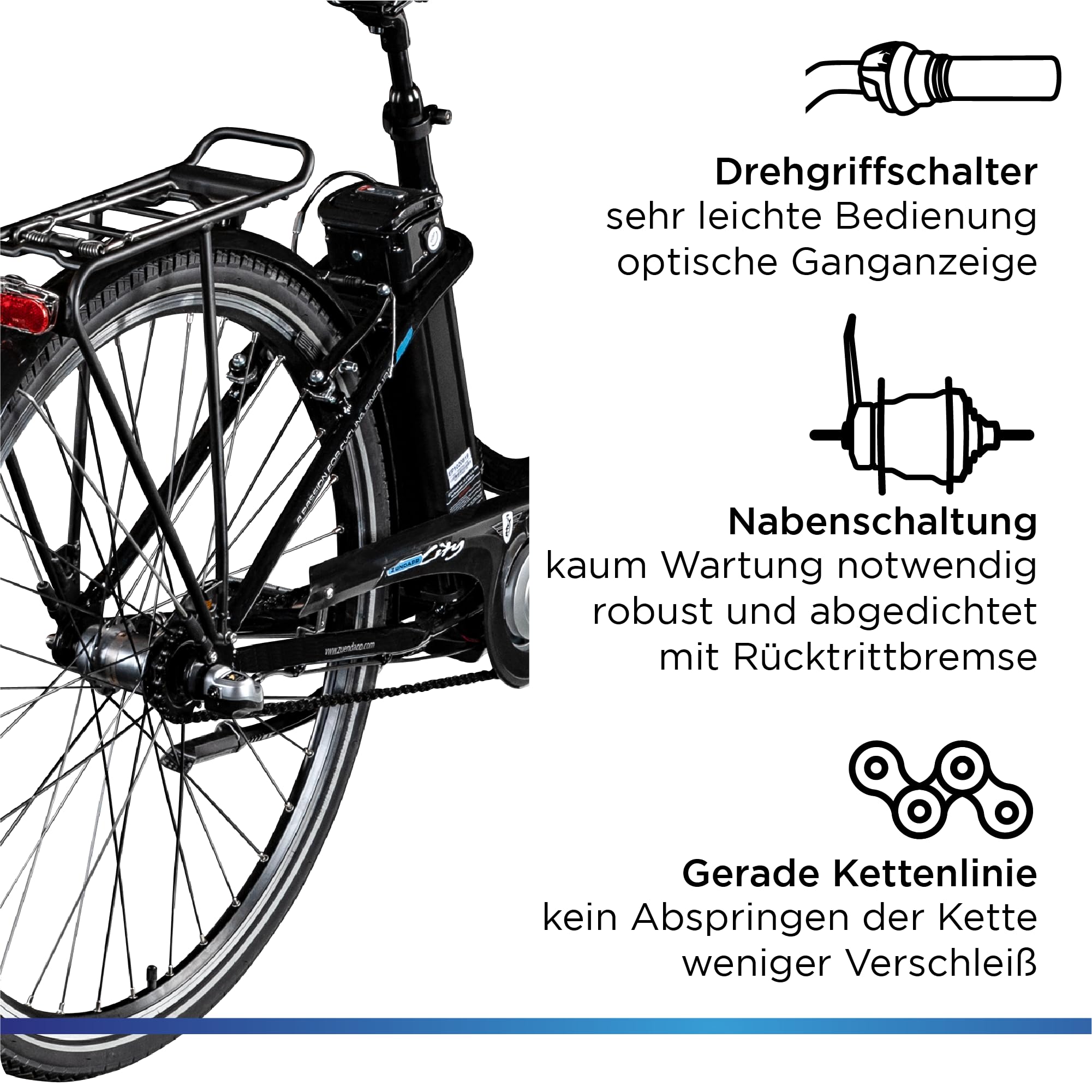 ZÜNDAPP E Bike Elektrofahrrad 28 Zoll | E-Bike mit Rücktrittbremse | City Ebike 3-Gang Nabenschaltung | Elektrofahrrad mit Schloss für Erwachsene | Green 2.7