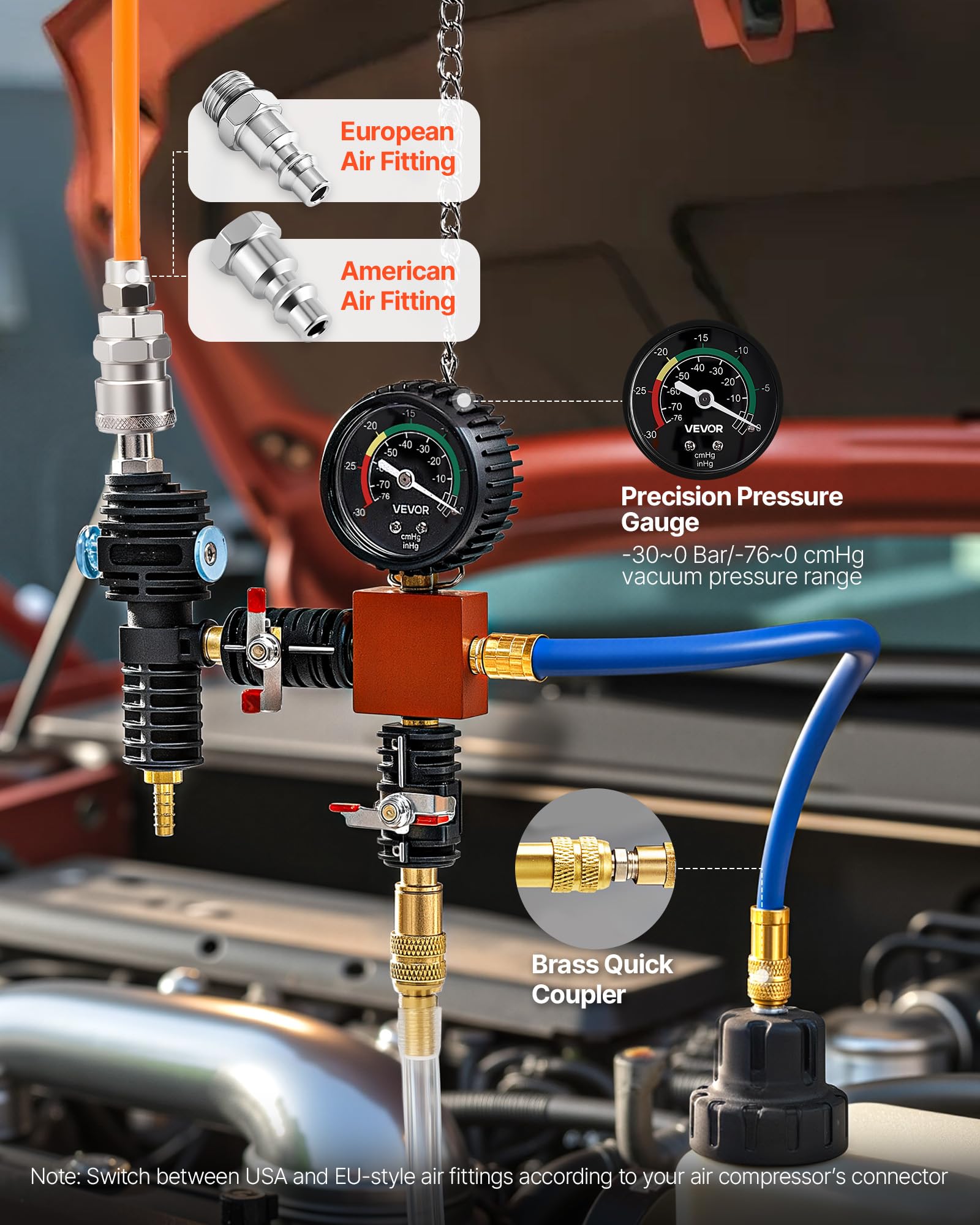 VEVOR Juego de 47 Manómetros de Refrigerante con 3 Adaptadores Metálicos, Ajuste Universal, para Sistemas de Refrigeración de Automóviles, con Bomba de Presión y Llenador de Aluminio y Plástico